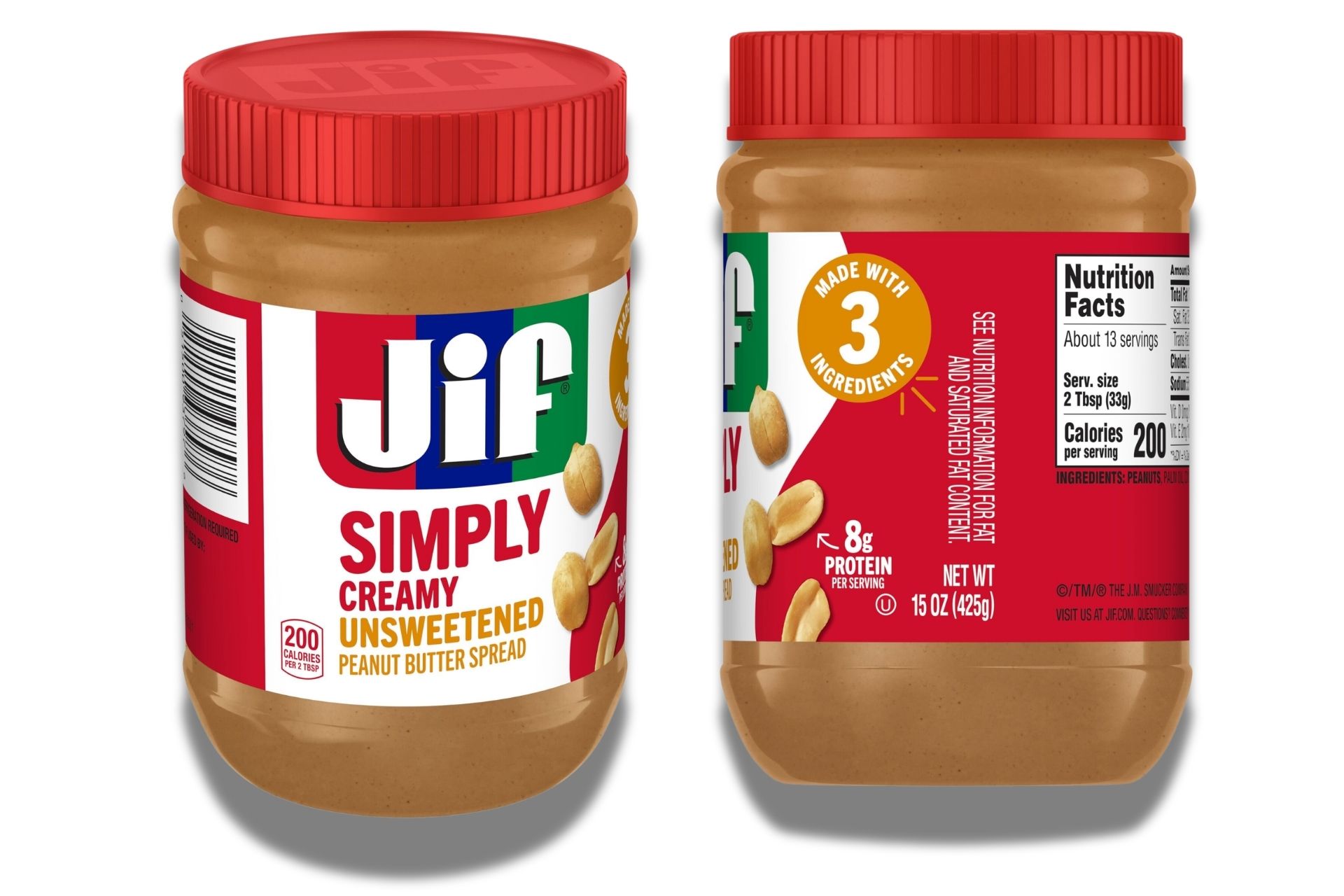 Jif Simply Creamy Unsweetened peanut butter jar with “made with 3 ingredients” label.