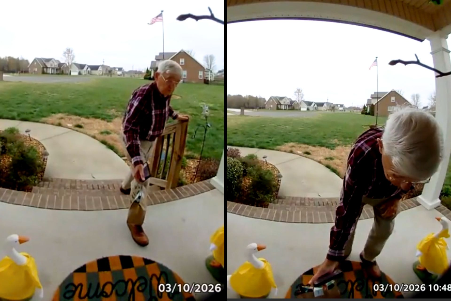 Richard slowly climbs steps to deliver a Starbucks order on Brittany's front porch.