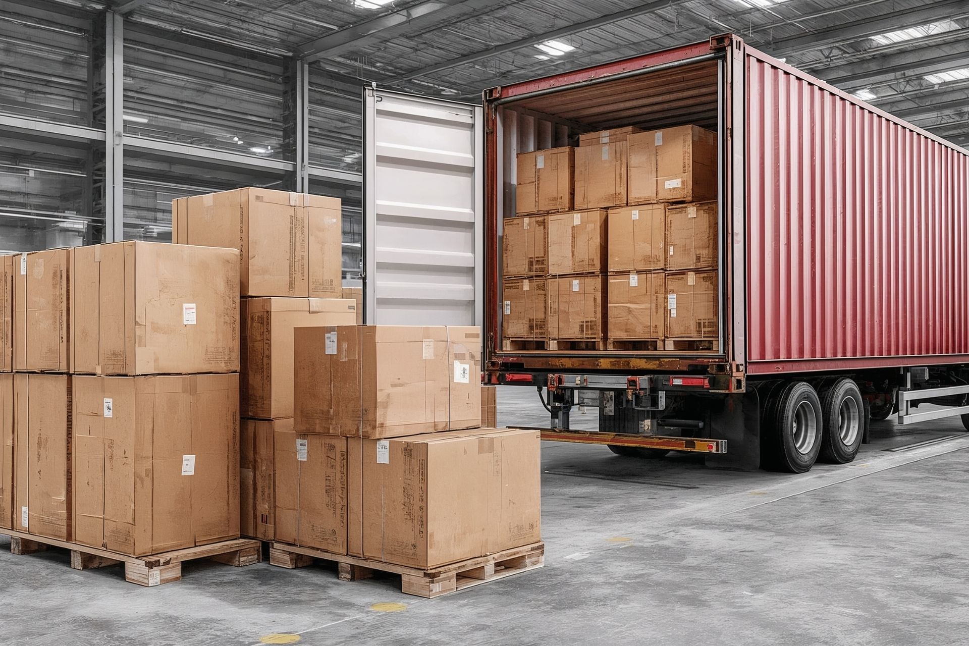 Cardboard boxes stacked beside an open shipping container in a warehouse.