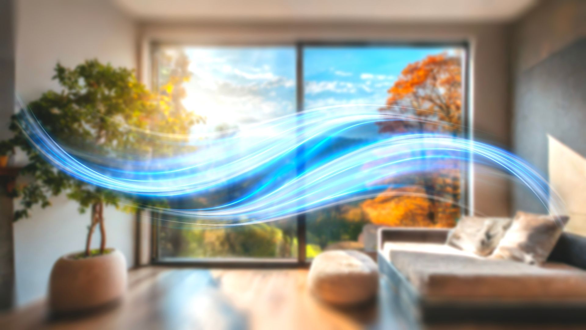 Air flowing through a living room and a window, with a bright landscape in the background.
