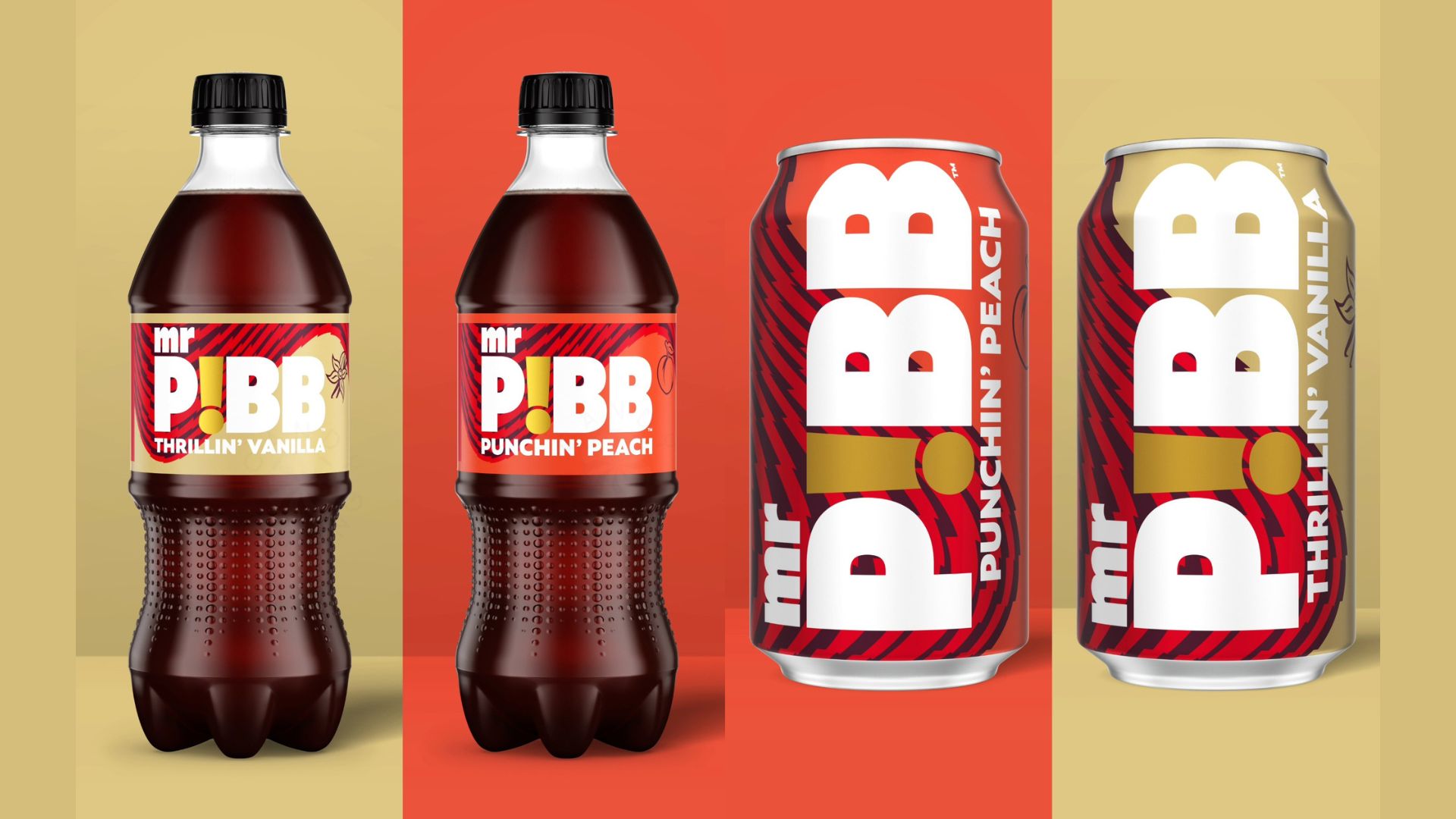 Bottles and cans of Mr Pibb's new flavors called Thrillin' Vanilla and Punchin' Peach