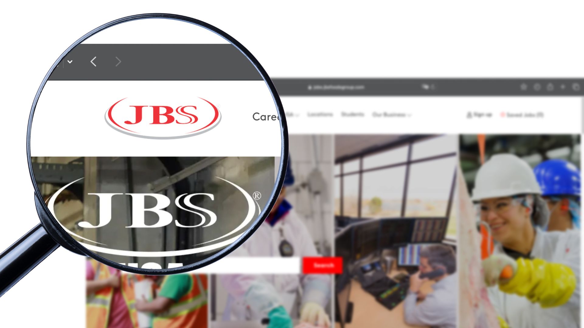 A magnifying glass highlights the JBS logo on a computer screen displaying a website with images of workers, meat processing, and an office scene.