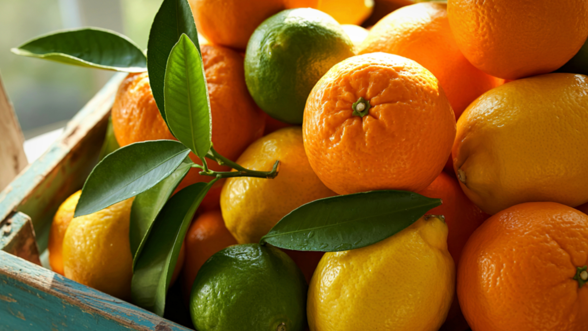 A vibrant assortment of ripe oranges, bright yellow lemons, and green limes are artfully arranged in a weathered, teal wooden crate, accented by fresh green leaves.