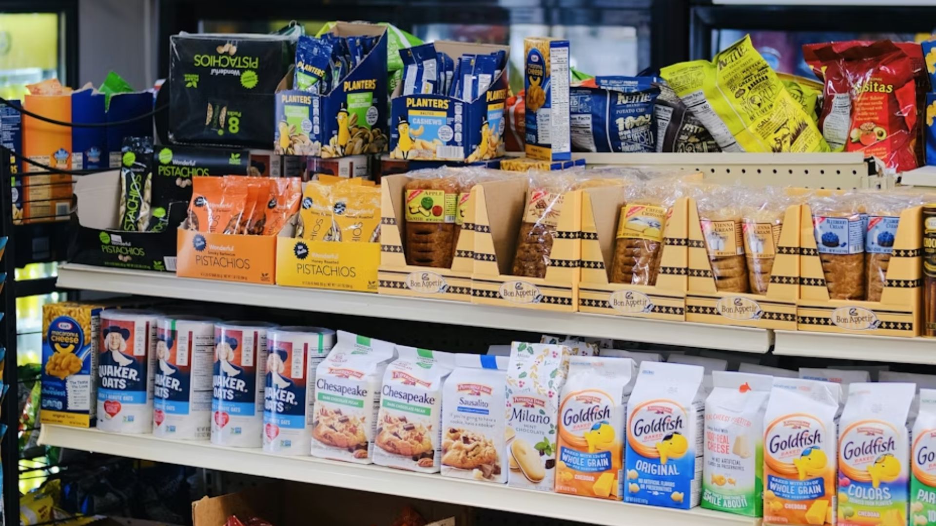 Convenience store snack aisle with different snacks and packaged pastries on the shelves.