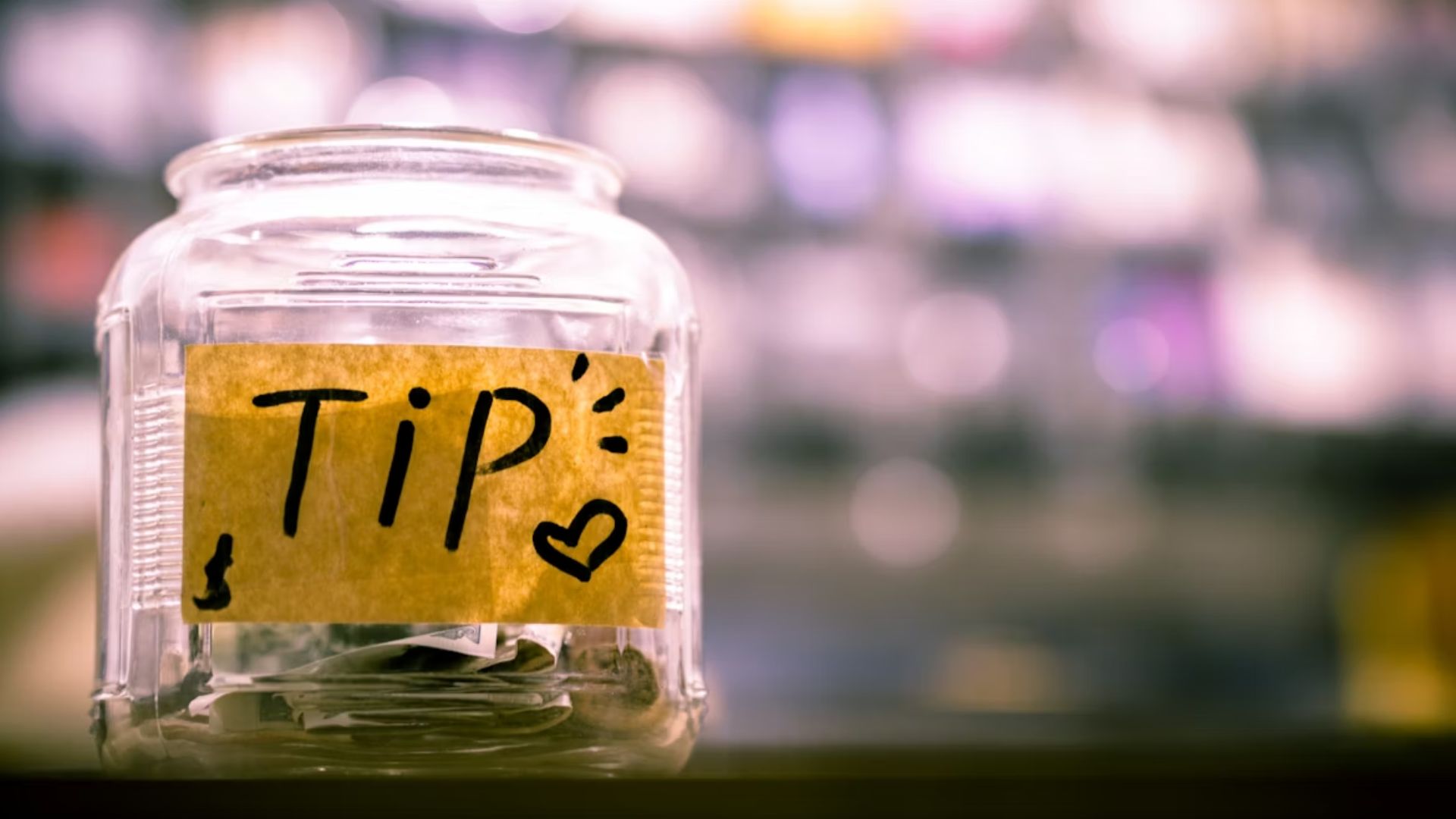 Clear glass tip jar with handwritten label and heart on restaurant counter.