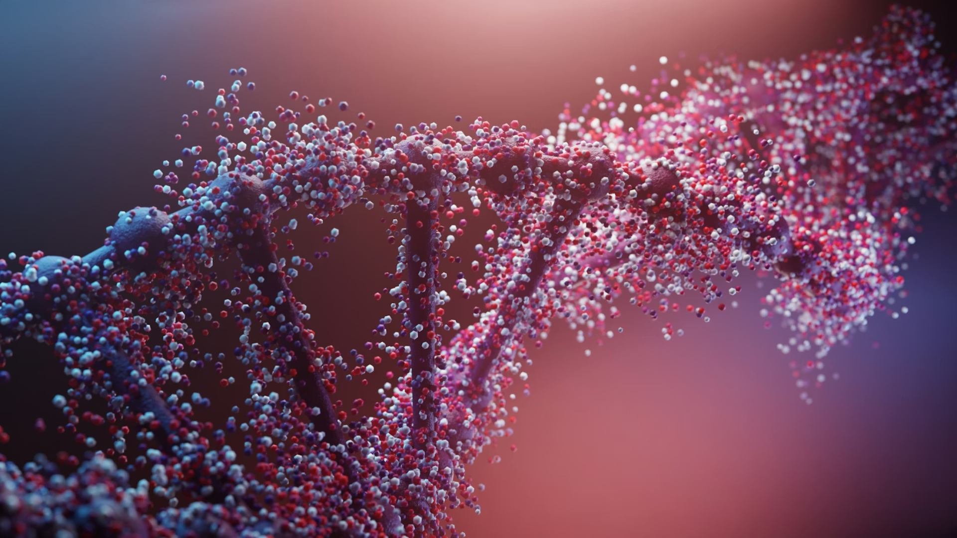 A 3D stylized illustration of a double helix DNA strand composed of red, white, and purple particles.