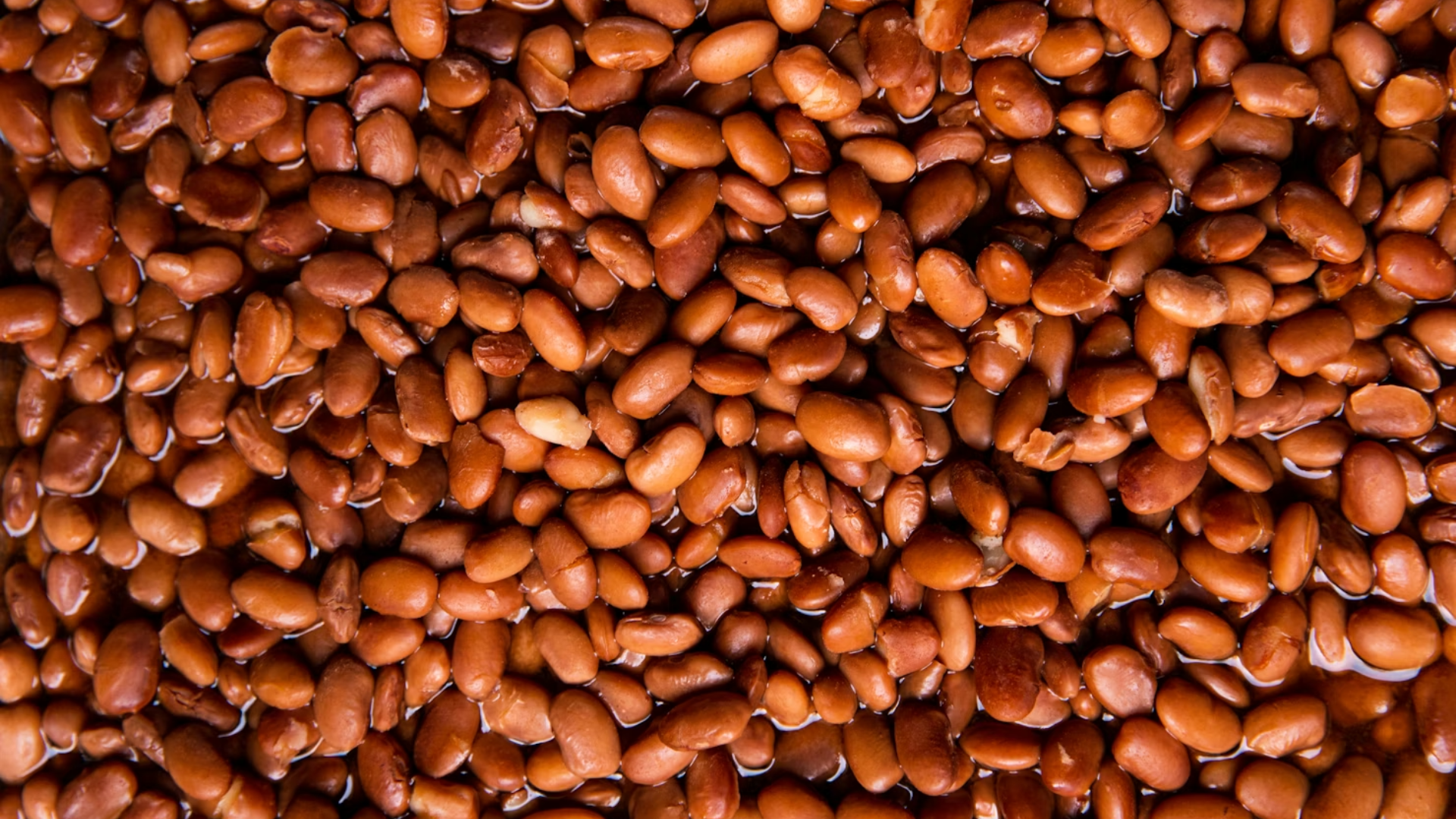 A close-up, full-frame shot of numerous cooked pinto beans glistening in a light sauce.