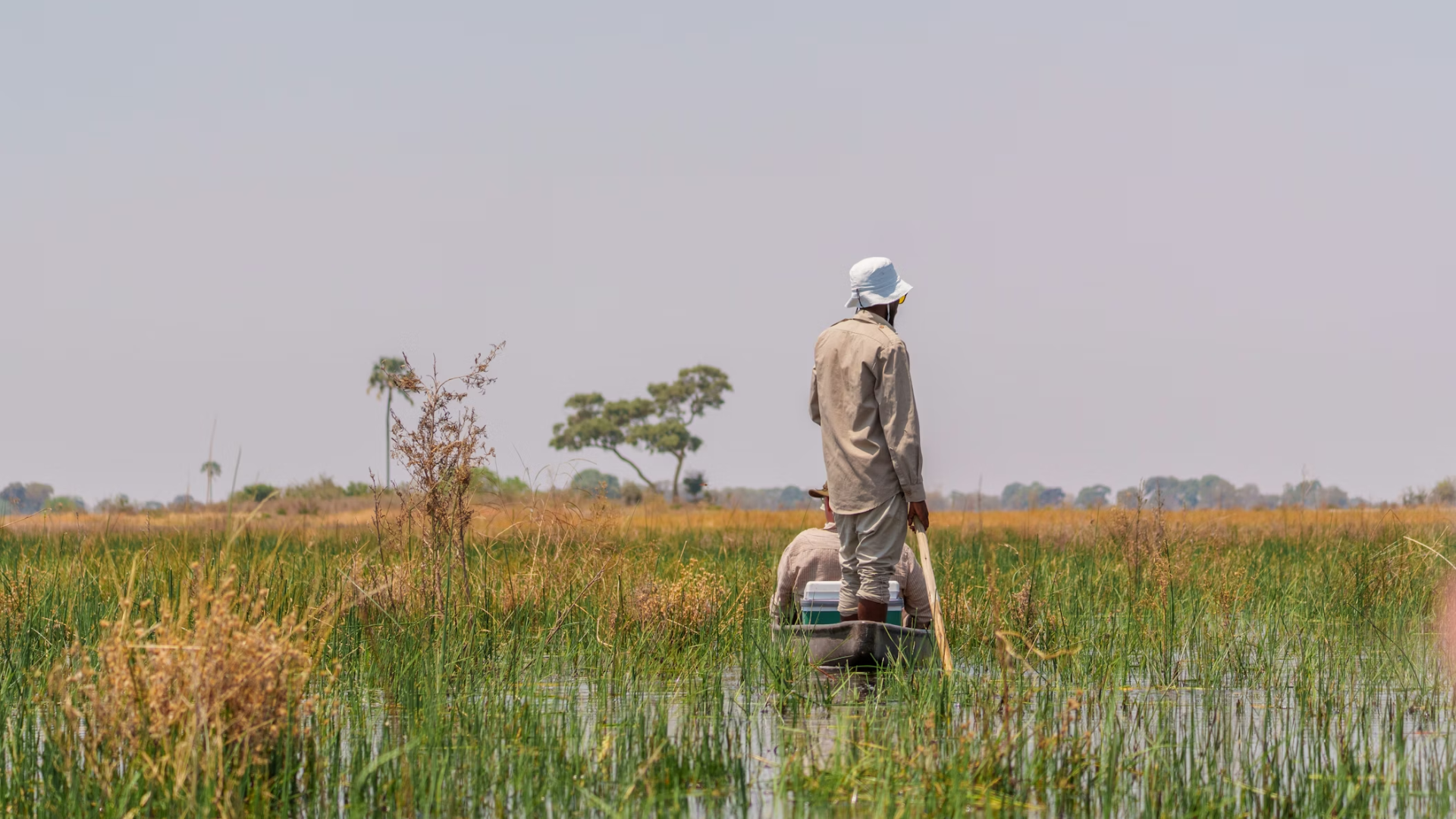 Two people in a small boat navigate through a vast, grassy marshland under a clear sky.