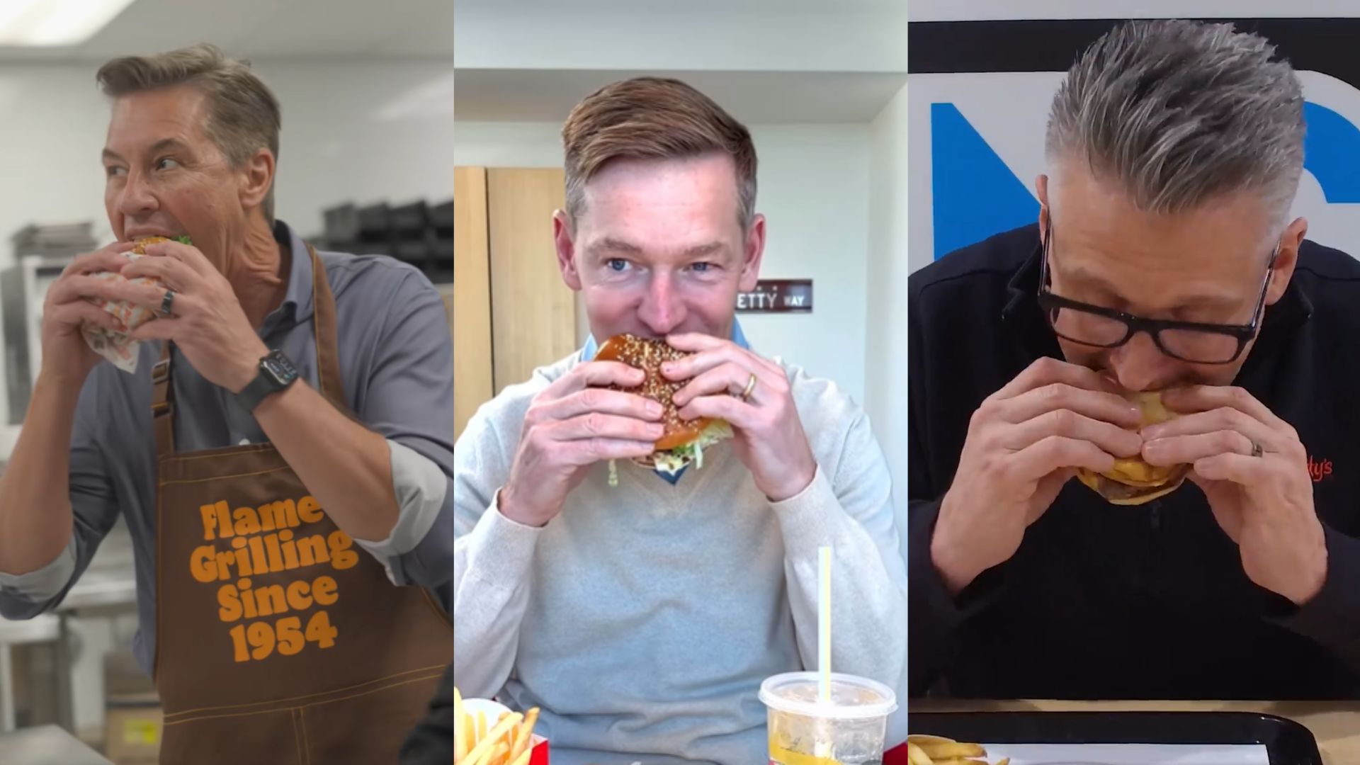 (From left to right) Burger King's U.S. and Canada President Tom Curtis eating a Whopper, Mcdonald's CEO Chris Kempczinski biting into a Big Arch, and Wendy's U.S. president Pete Suerken eating a Baconator.