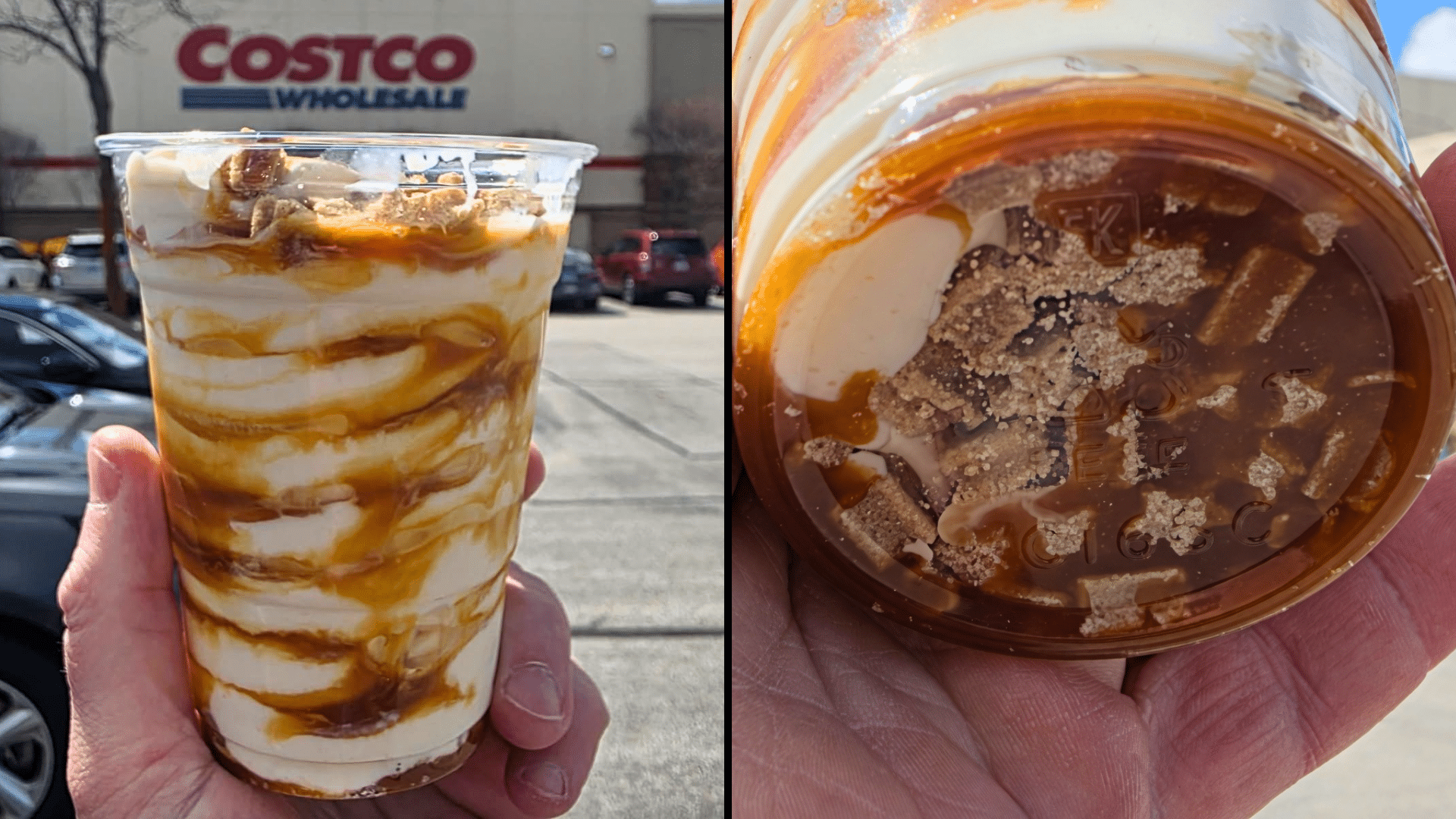 A side-by-side composite: on the left, a hand holds a clear plastic cup filled with vanilla soft serve swirled with thick ribbons of golden caramel sauce; on the right, a view of the bottom of the cup shows a dense layer of crunchy churro pieces.