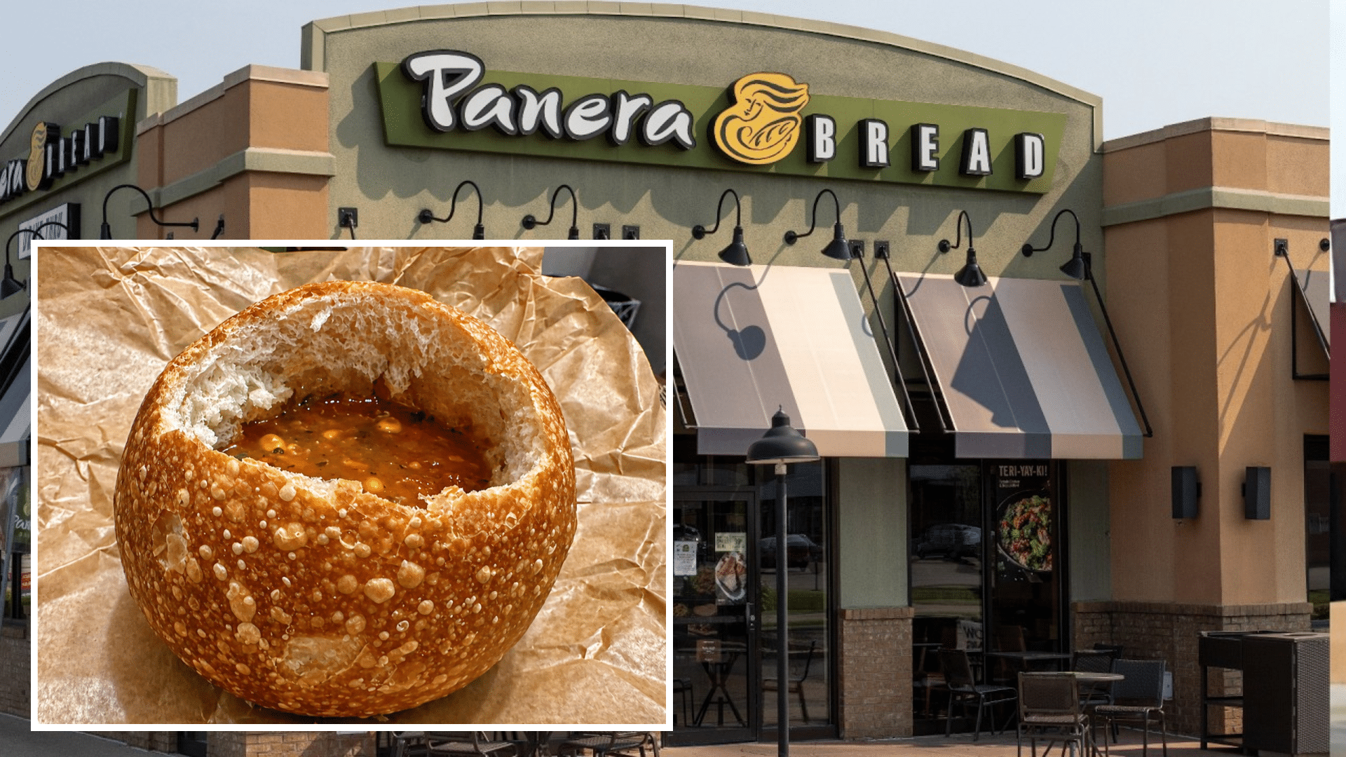 A composite image featuring a daytime shot of a Panera Bread storefront with green signage and striped awnings; overlaid is a close-up of a rustic sourdough bread bowl filled with steaming vegetable soup, resting on brown parchment paper.