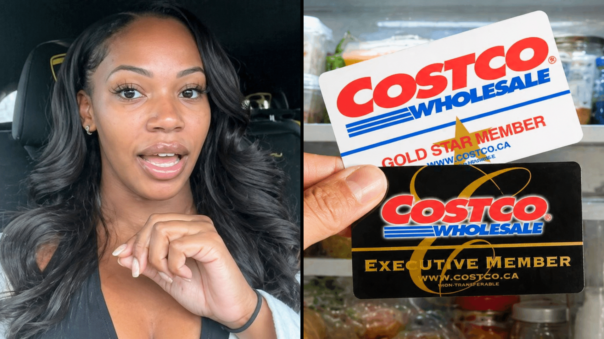 A split-screen composite: on the left, a woman with long dark hair and gold earrings is speaking toward the camera from inside a vehicle; on the right, a person is holding two Costco membership cards in front of an open refrigerator.