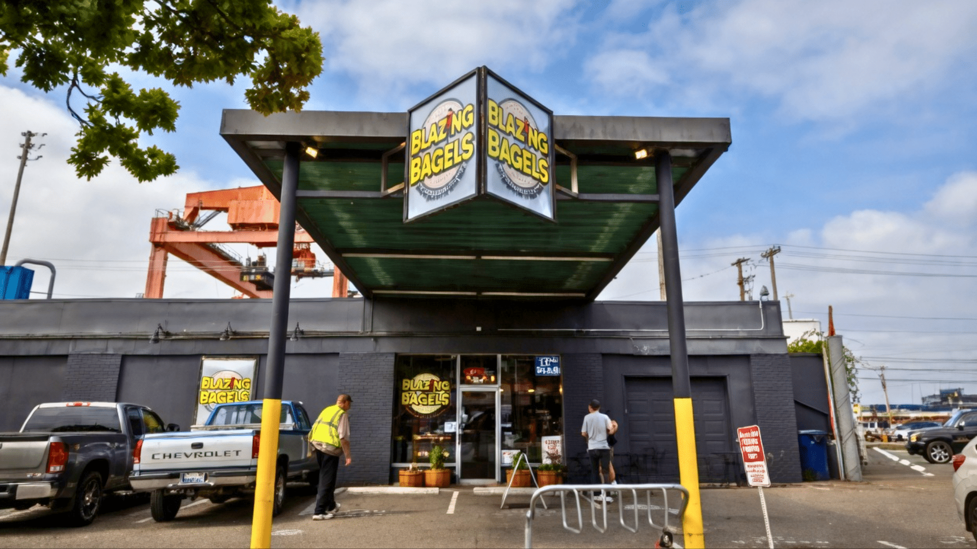 Exterior view of the Blazing Bagels storefront in Seattle's SoDo neighborhood.