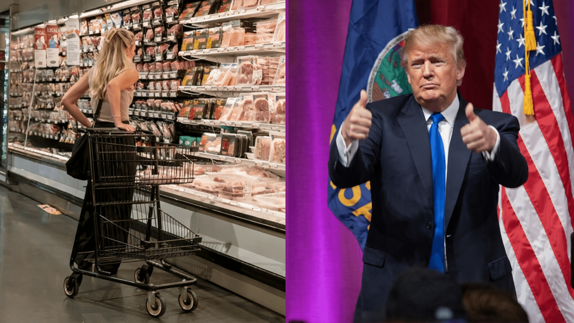 A composite image showing a blonde woman in a beige top pushing a black grocery cart through a meat aisle and U.S. President Donald Trump giving two thumbs up.