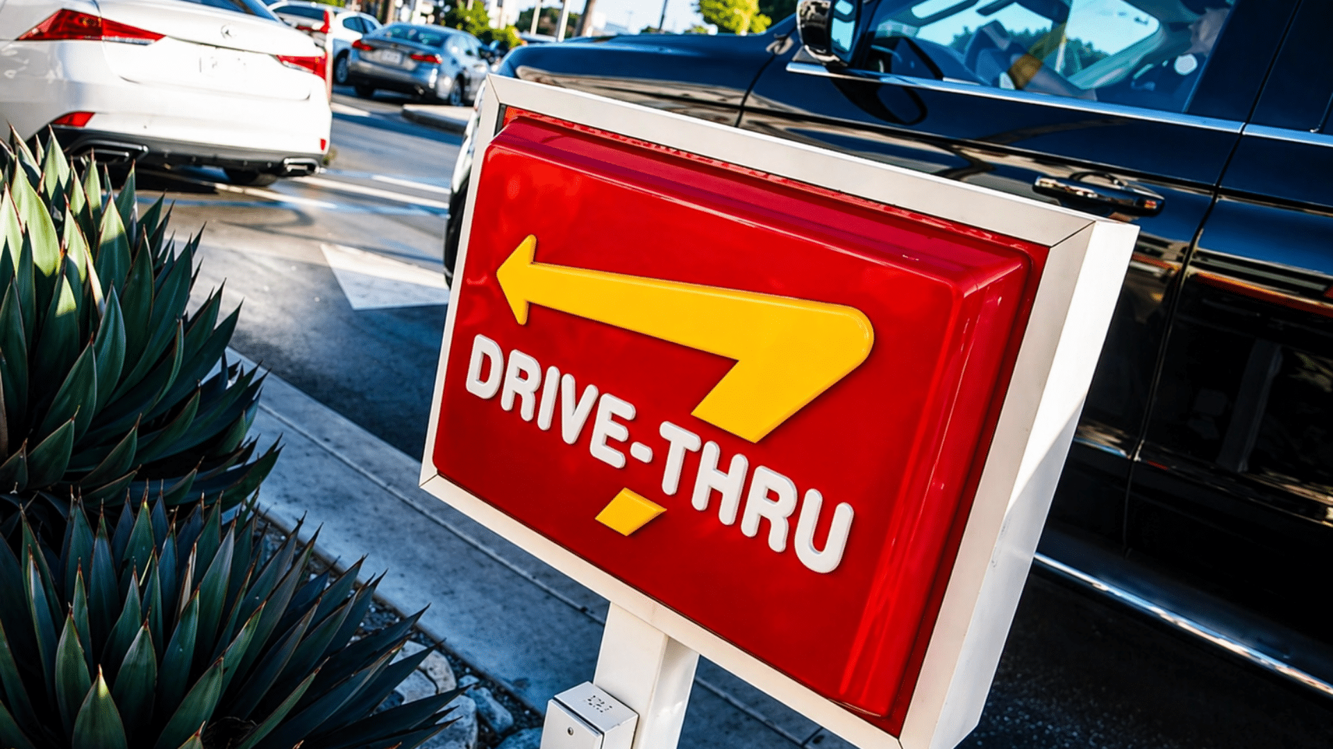 A low-angle shot of a bright red In-N-Out "DRIVE-THRU" sign with a prominent yellow arrow, positioned near succulent plants with a line of cars visible in the background.