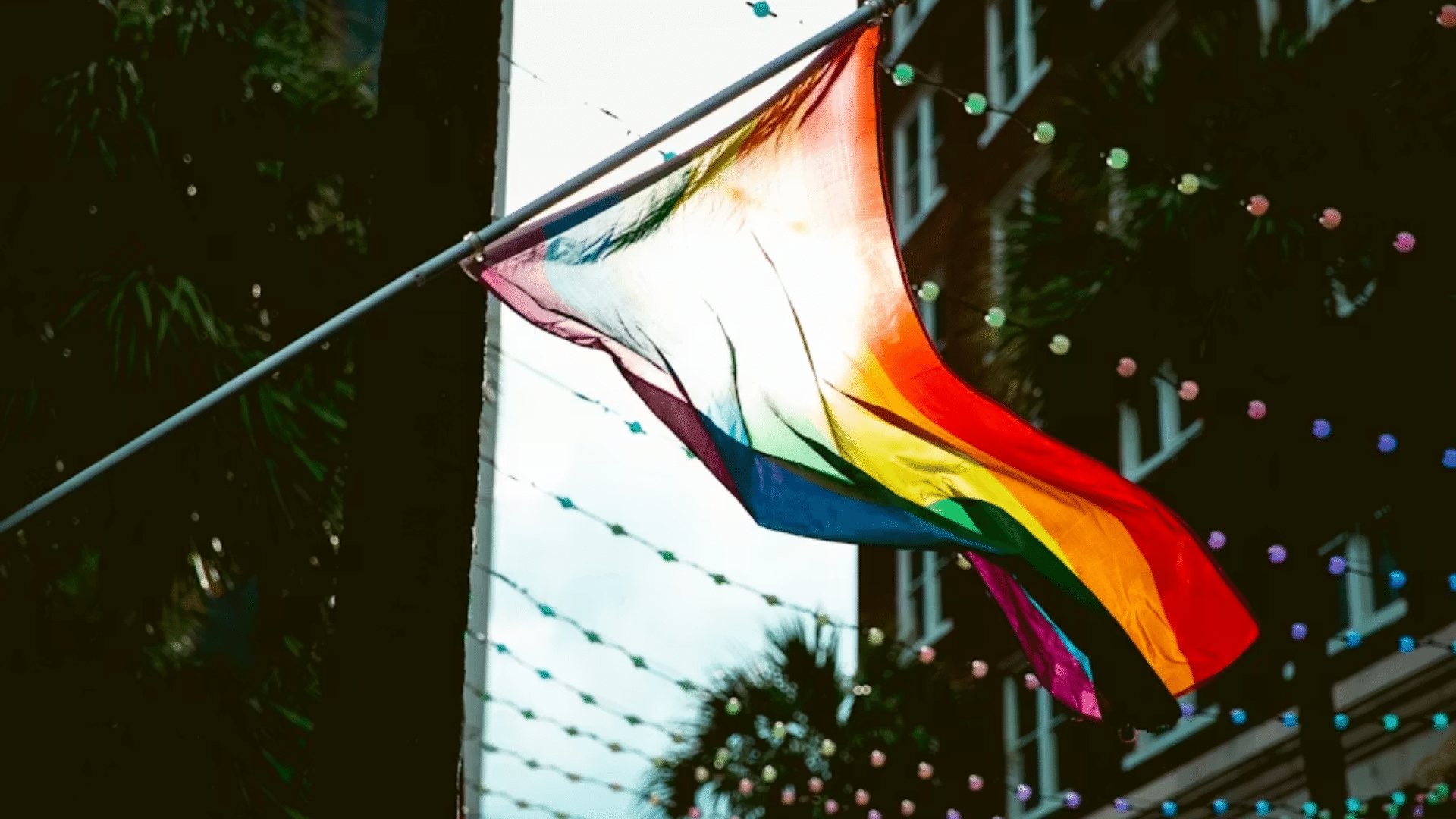 A low-angle shot of a vibrant rainbow pride flag waving on a flagpole; the sun shines through the fabric, and strings of colorful outdoor lights are visible against the dark silhouette of a building and trees.