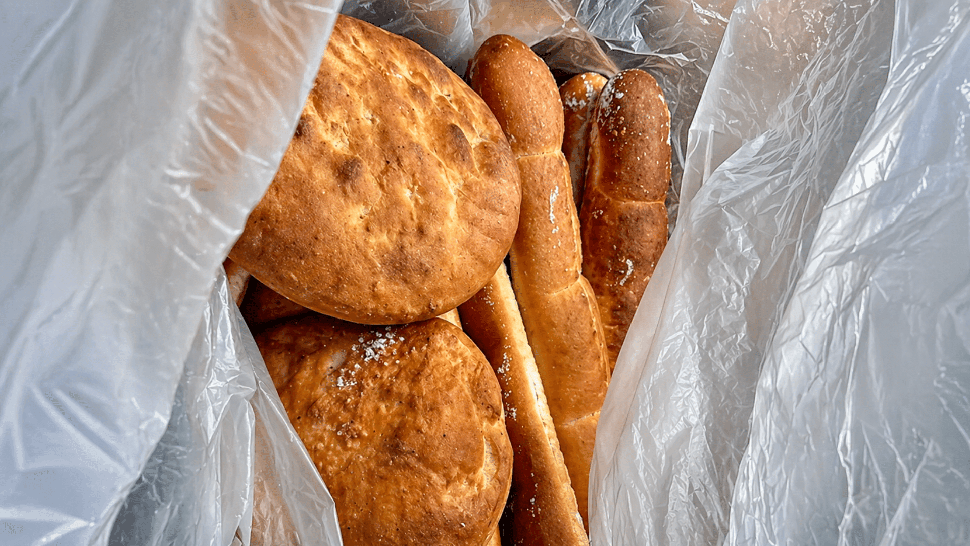 A close-up view looking into a clear plastic trash bag filled with several large, round loaves of bread and long baguettes; the bread appears fresh and is lightly dusted with flour, illustrating potential food waste.