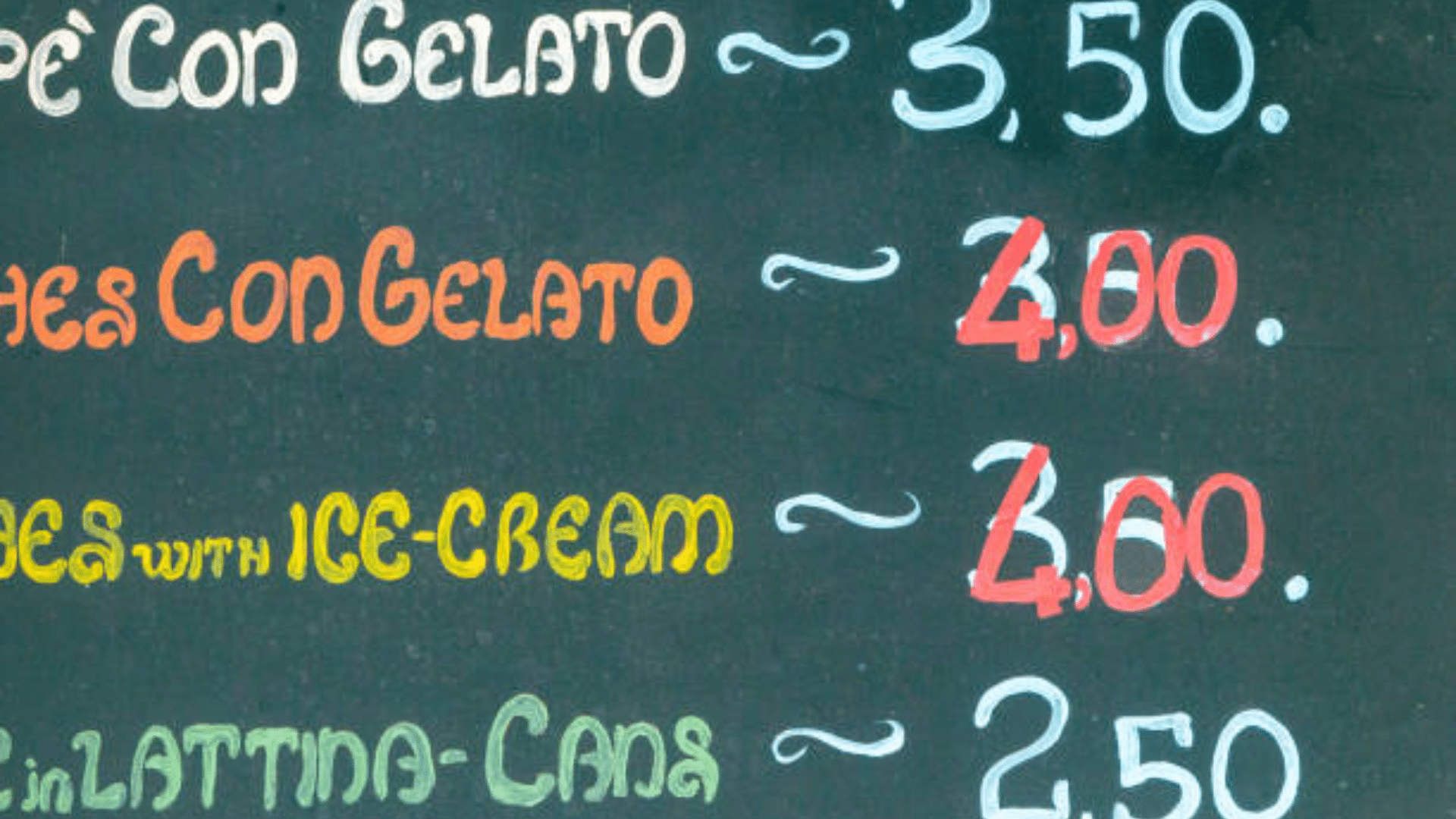 A close-up of a chalkboard menu showing prices for items.