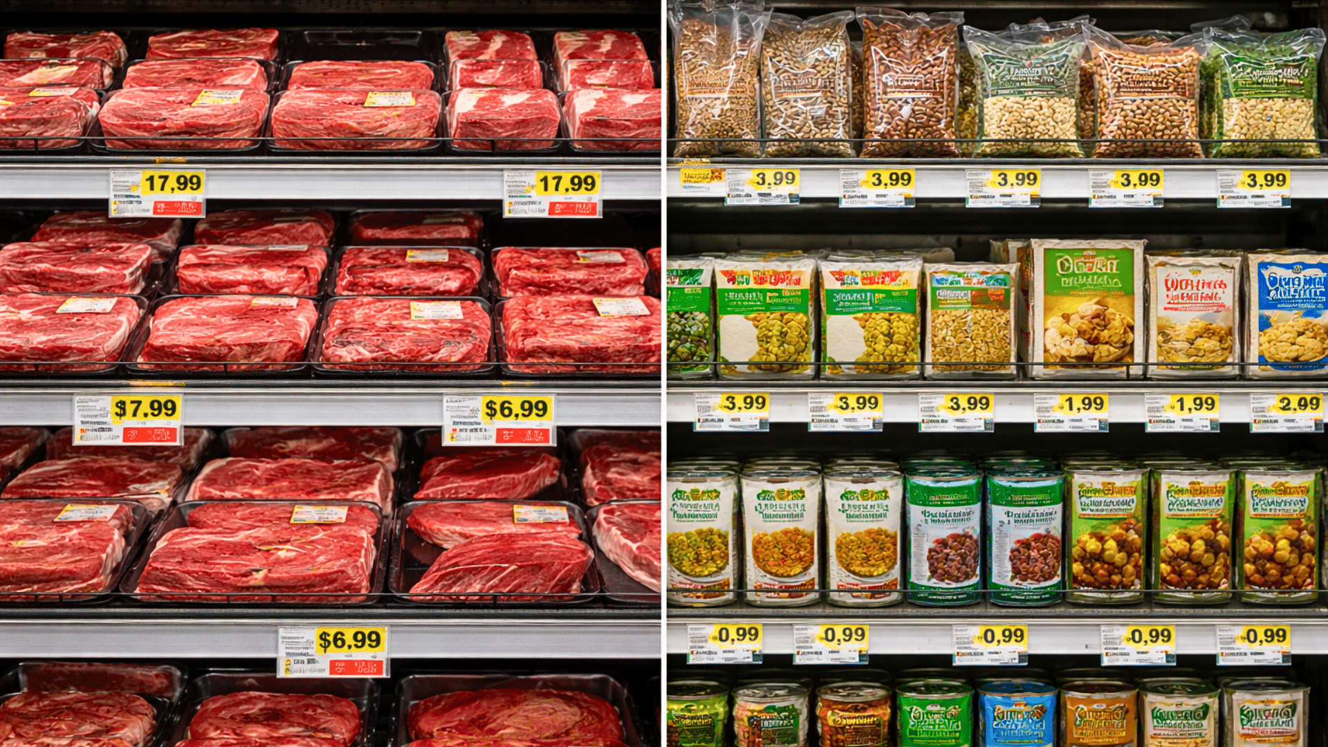 A split-screen close-up of grocery shelves: one side shows packaged raw beef, and the other shows canned and bagged goods.