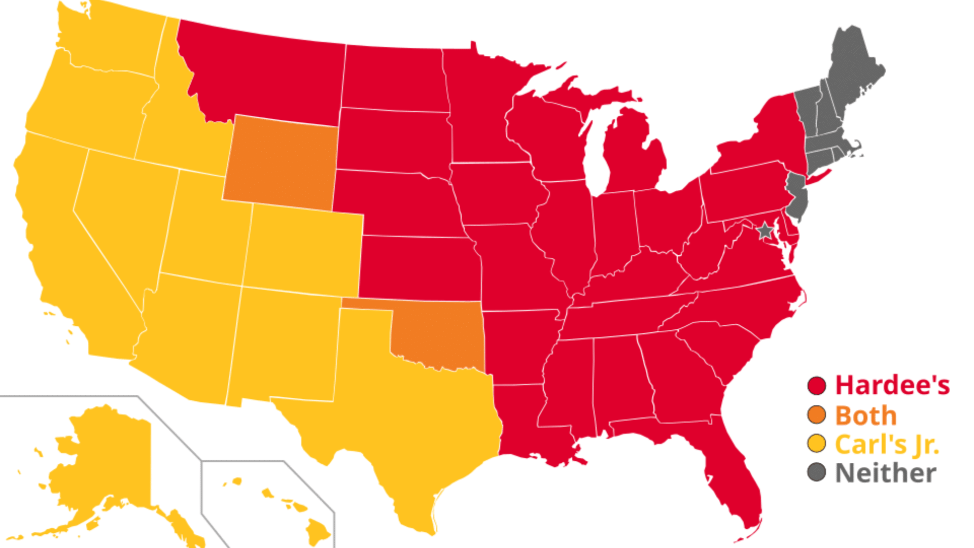A color-coded map of the United States showing where Hardee's and Carl's Jr. restaurants are located.