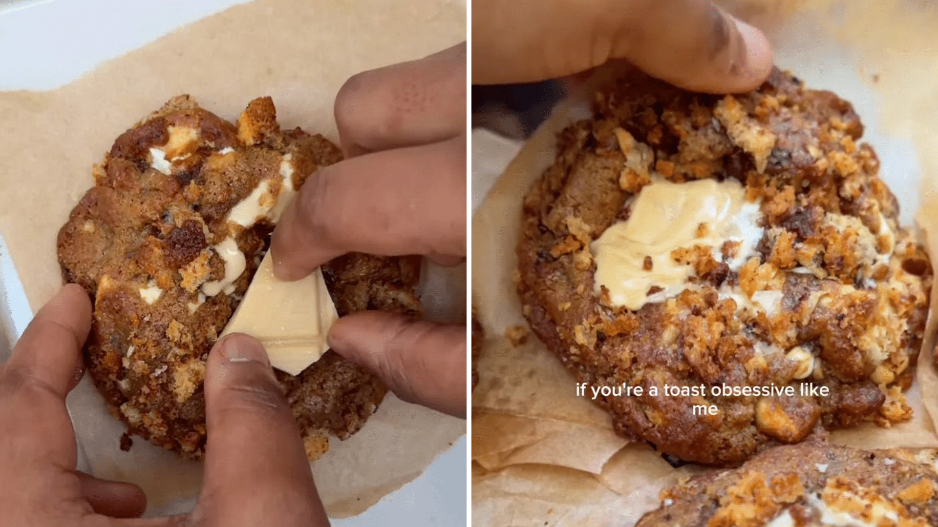 A split image showing hands pressing a square piece of butter into the center of a freshly baked cookie.