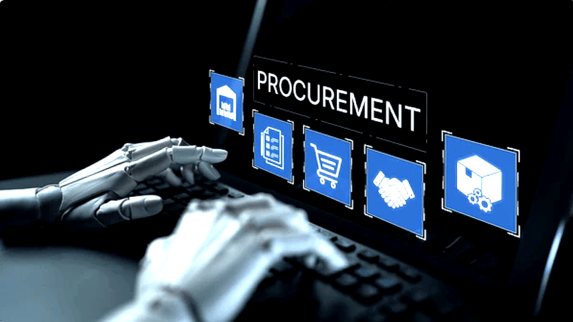 Robotic hands typing on keyboard with procurement interface displayed on screen.