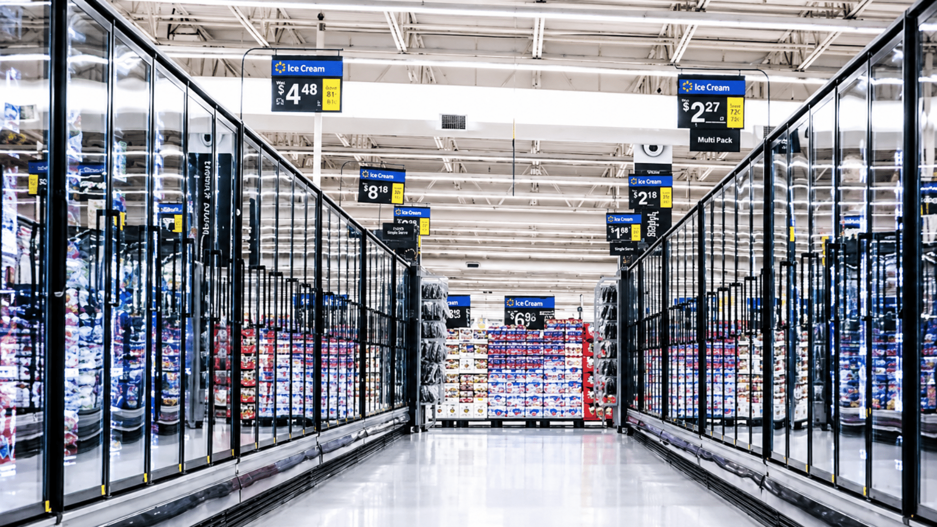 Walmart grocery aisle with glass freezer cases displaying ice cream and price signs overhead.