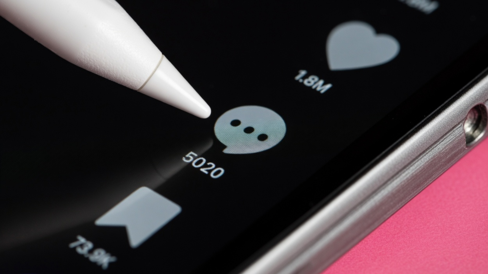 Close-up of a white stylus touching a smartphone screen, specifically hovering over the comment icon on Tiktok.