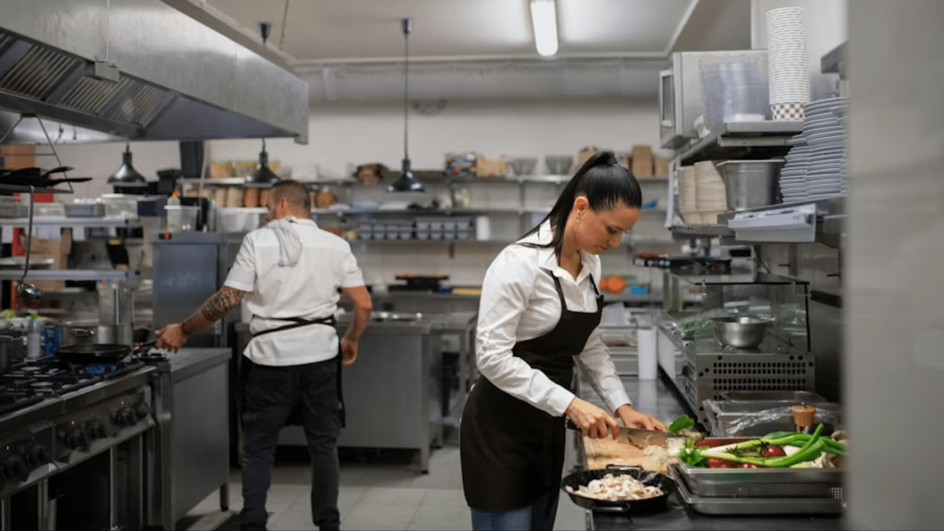 A wide shot of a modern, clean commercial kitchen where a woman in a black apron and white shirt is prepping vegetables at a counter while a male chef works at a stove in the background.