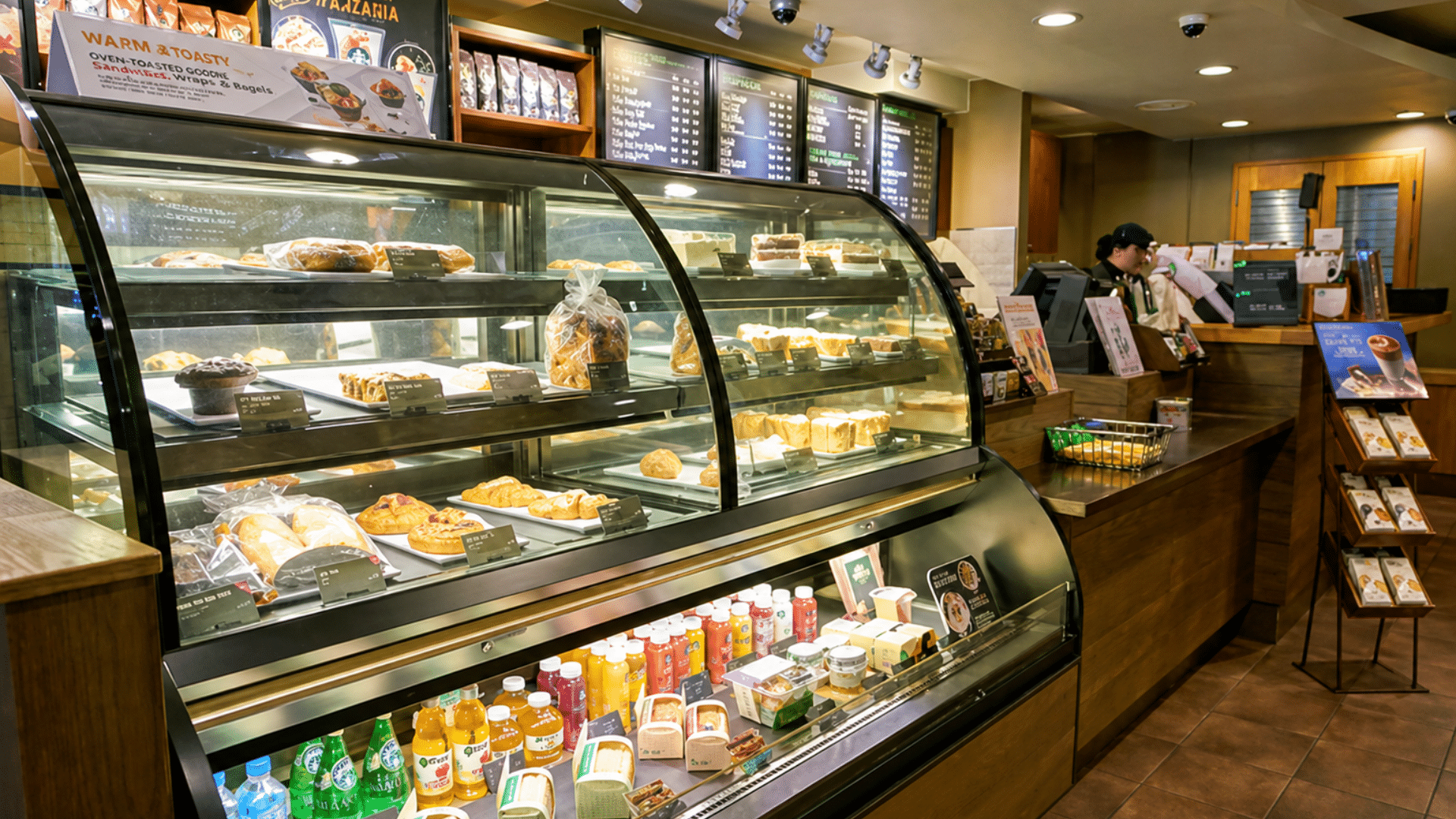 A wide interior shot of a modern Starbucks café featuring a large curved glass display case filled with pastries, muffins, and bottled juices.