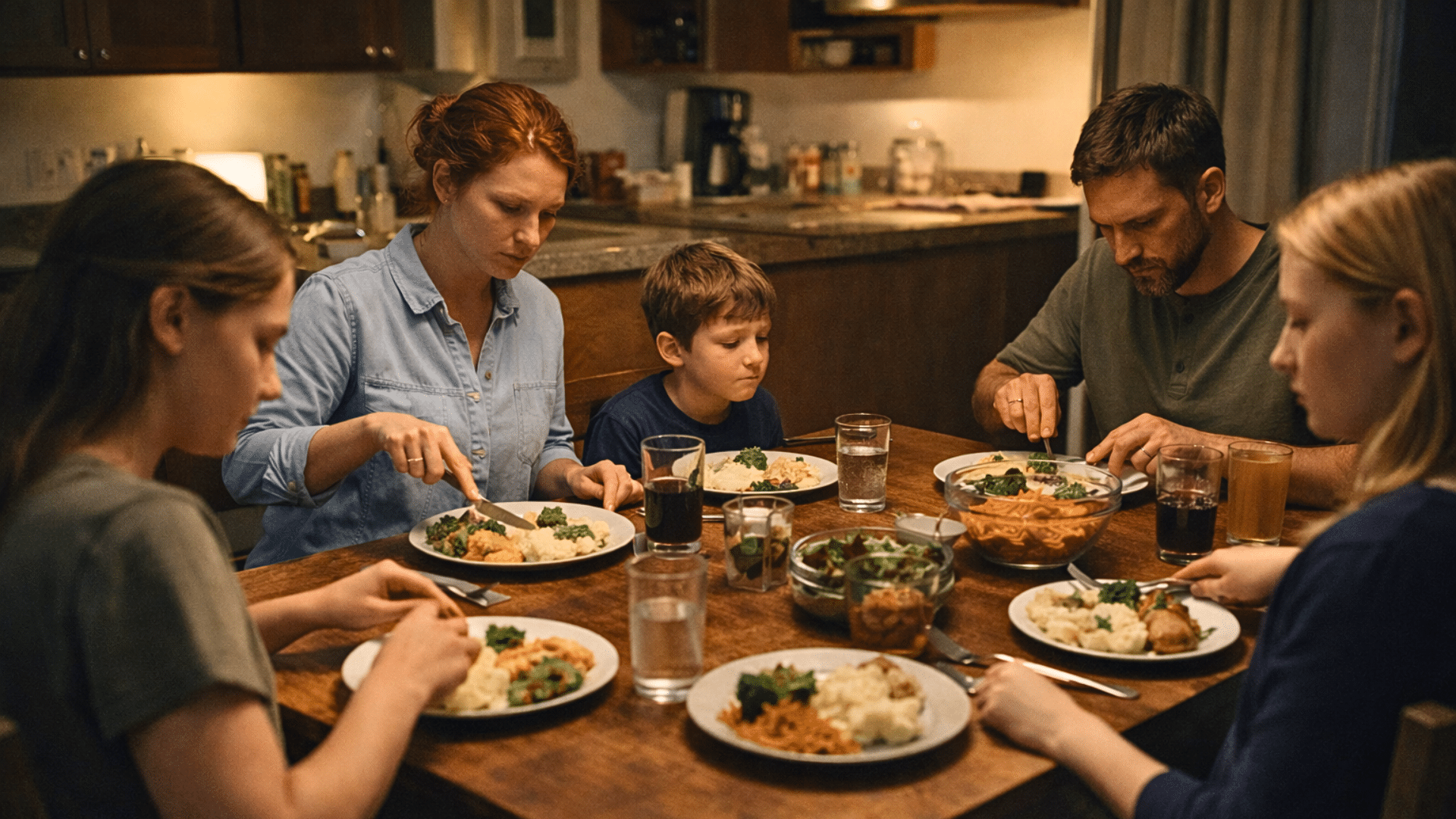 A family of five sitting around a wooden dining table in a dimly lit home, looking somber as they eat a simple meal of mashed potatoes and greens.