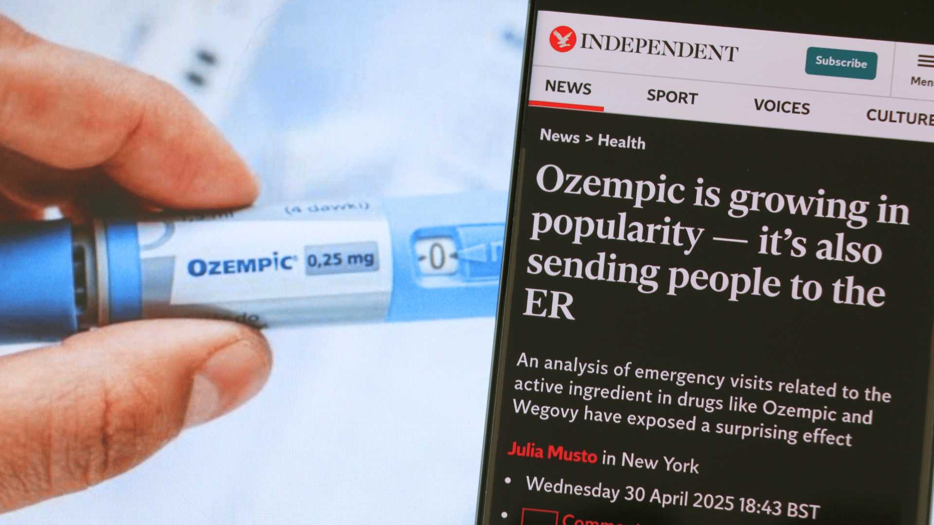 A phone screen shows a news article about the growing popularity and risks of Ozempic.