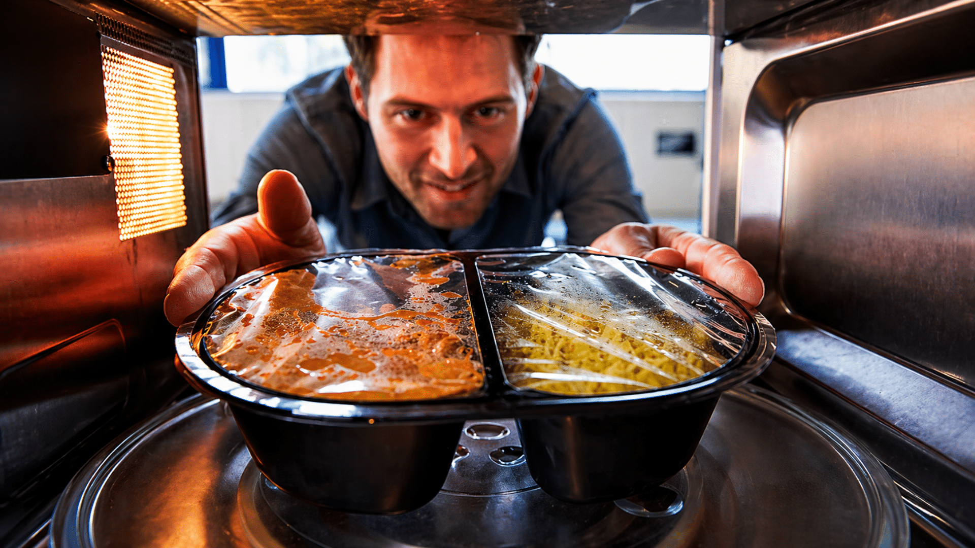 Man places a packaged meal into a microwave, heating food inside the appliance.