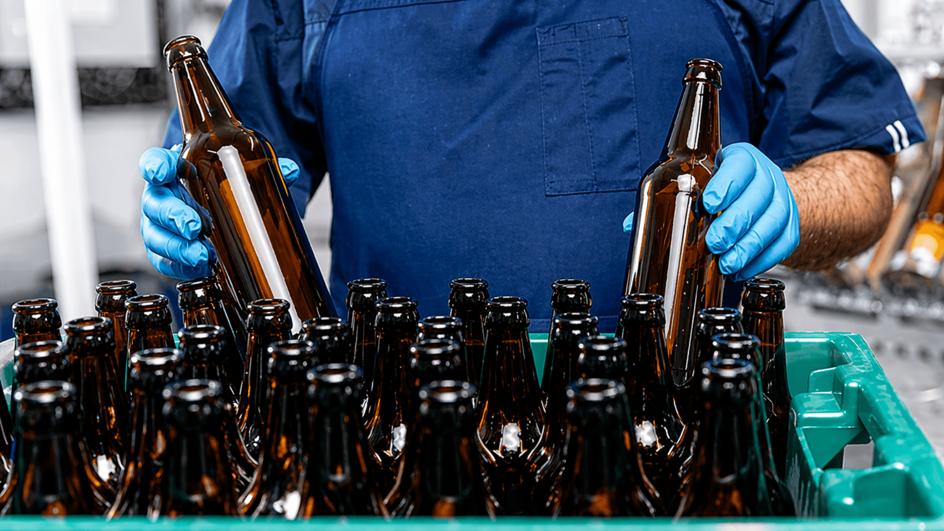 A close-up of a worker in blue nitrile gloves placing empty brown glass beer bottles into a green plastic crate, illustrating a bottling line or glass recycling process in a beverage production facility.