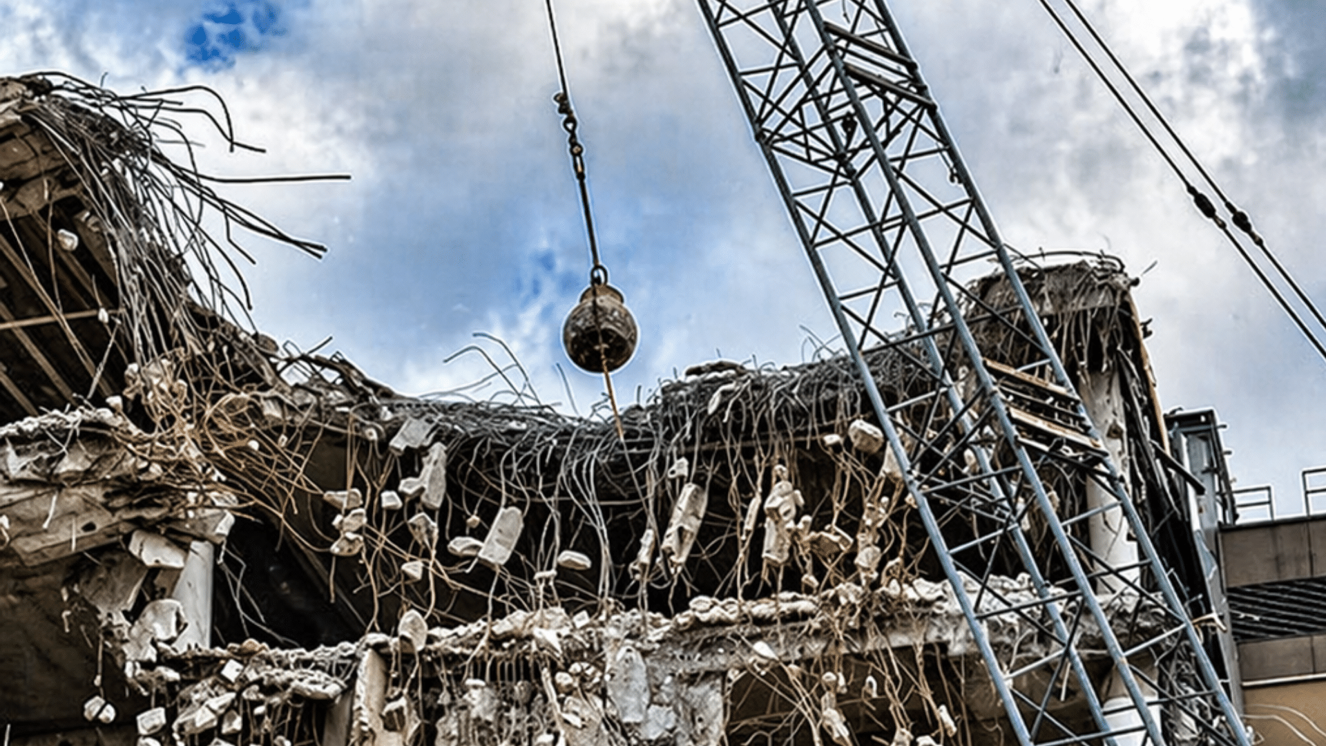 A dramatic close-up of a large demolition crane with a wrecking ball over a partially destroyed concrete building.