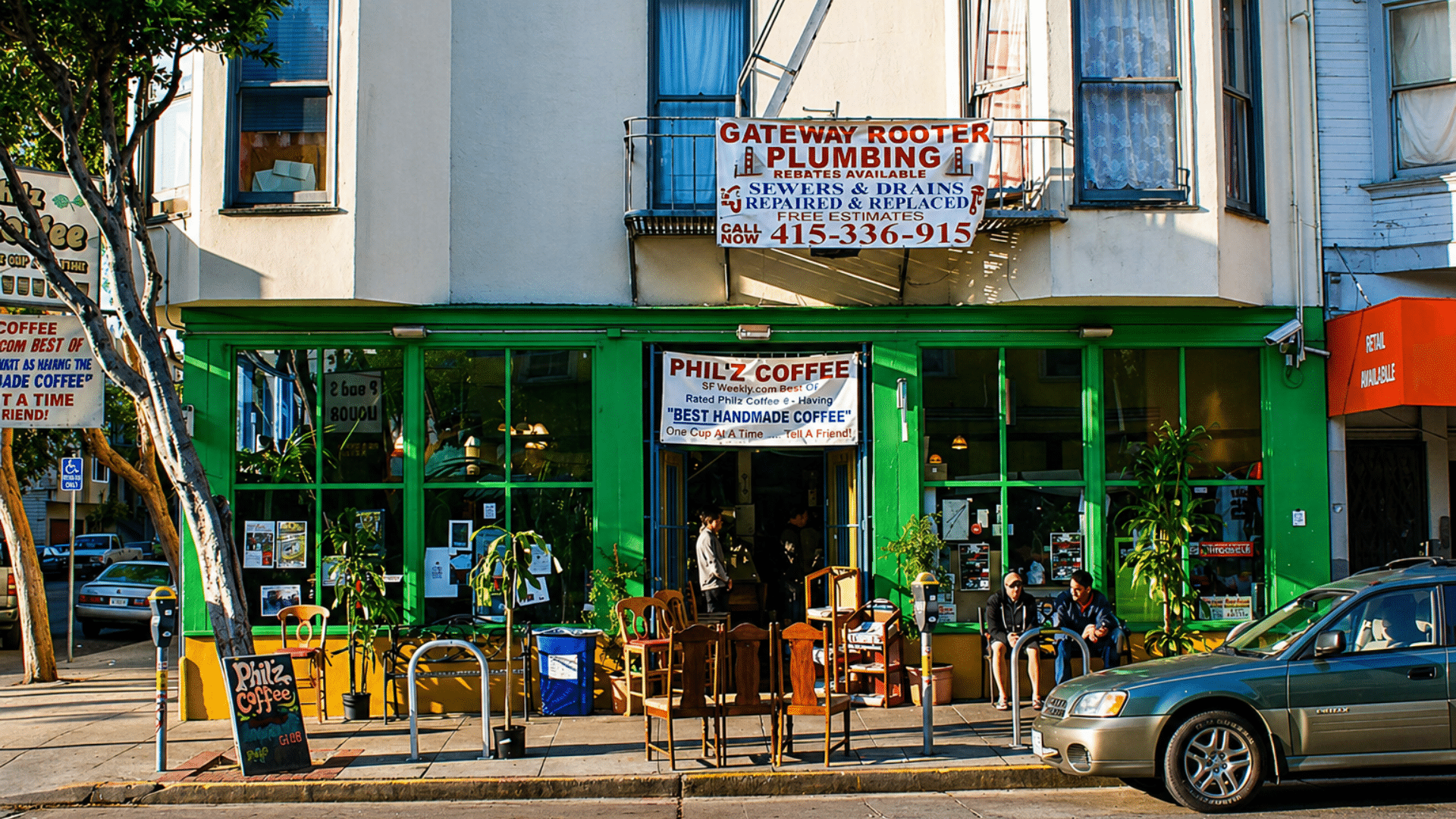 A street-level daytime shot of the original Philz Coffee location on 24th Street in San Francisco's Mission District.