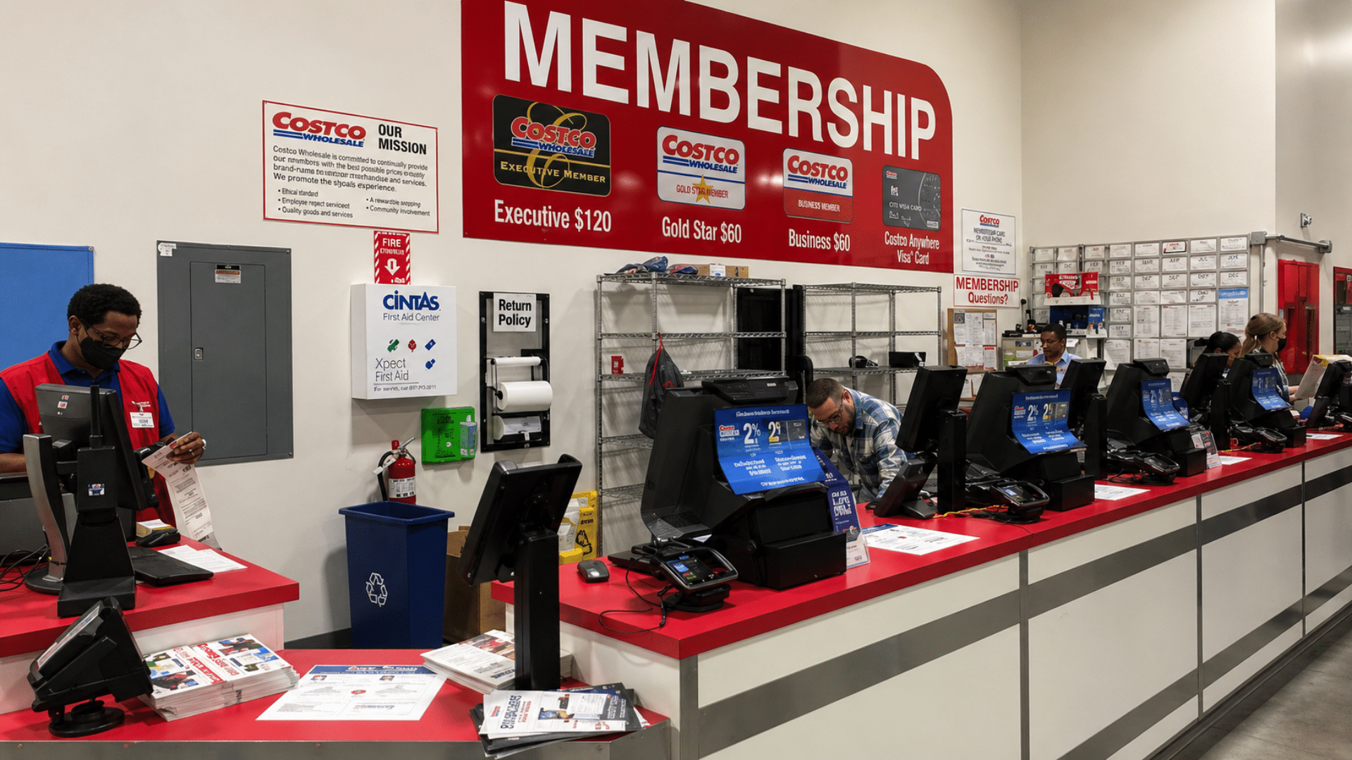 A medium shot of a modern Costco Membership counter; several employees in red vests and masks are working behind a bright red counter under a large sign that lists membership tiers.