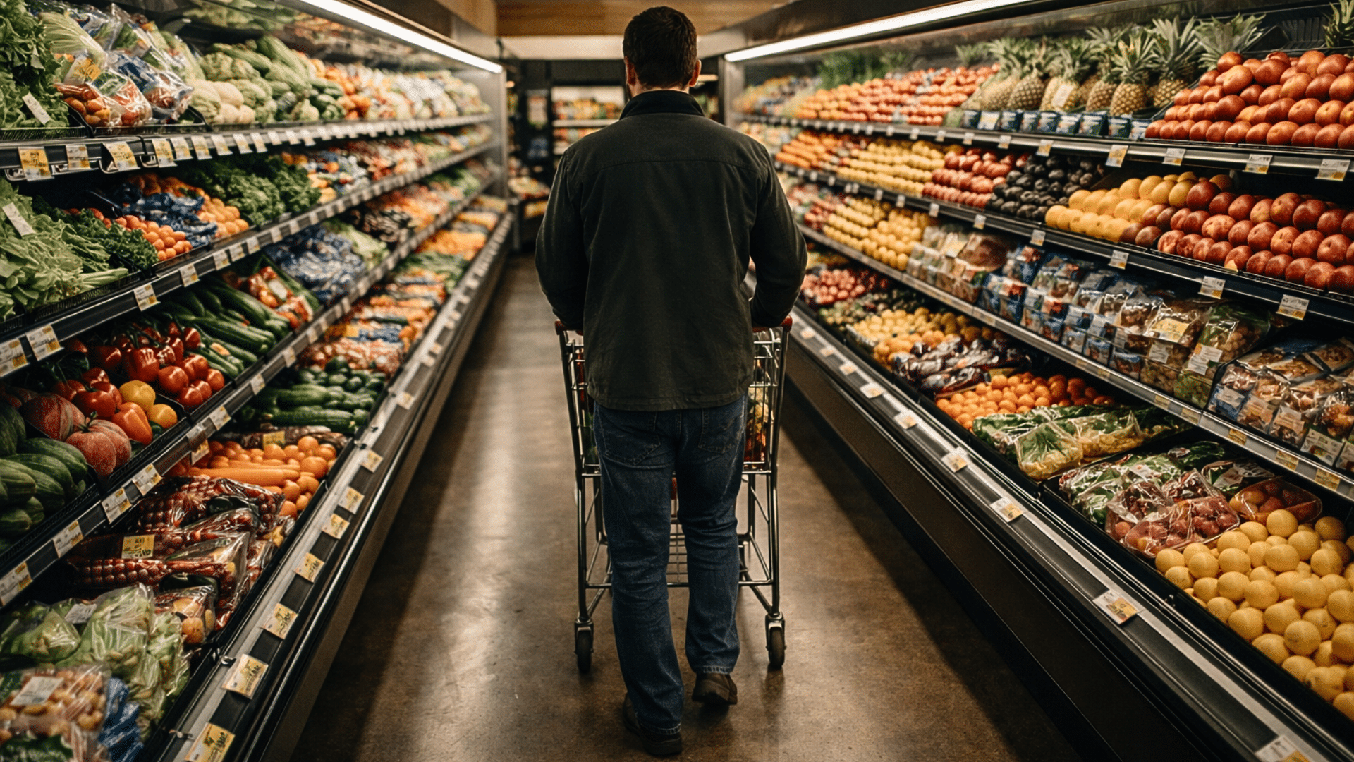 A view from behind of a man in a dark green jacket pushing a grocery cart down a wide supermarket aisle flanked by colorful displays of fresh produce on both sides.
