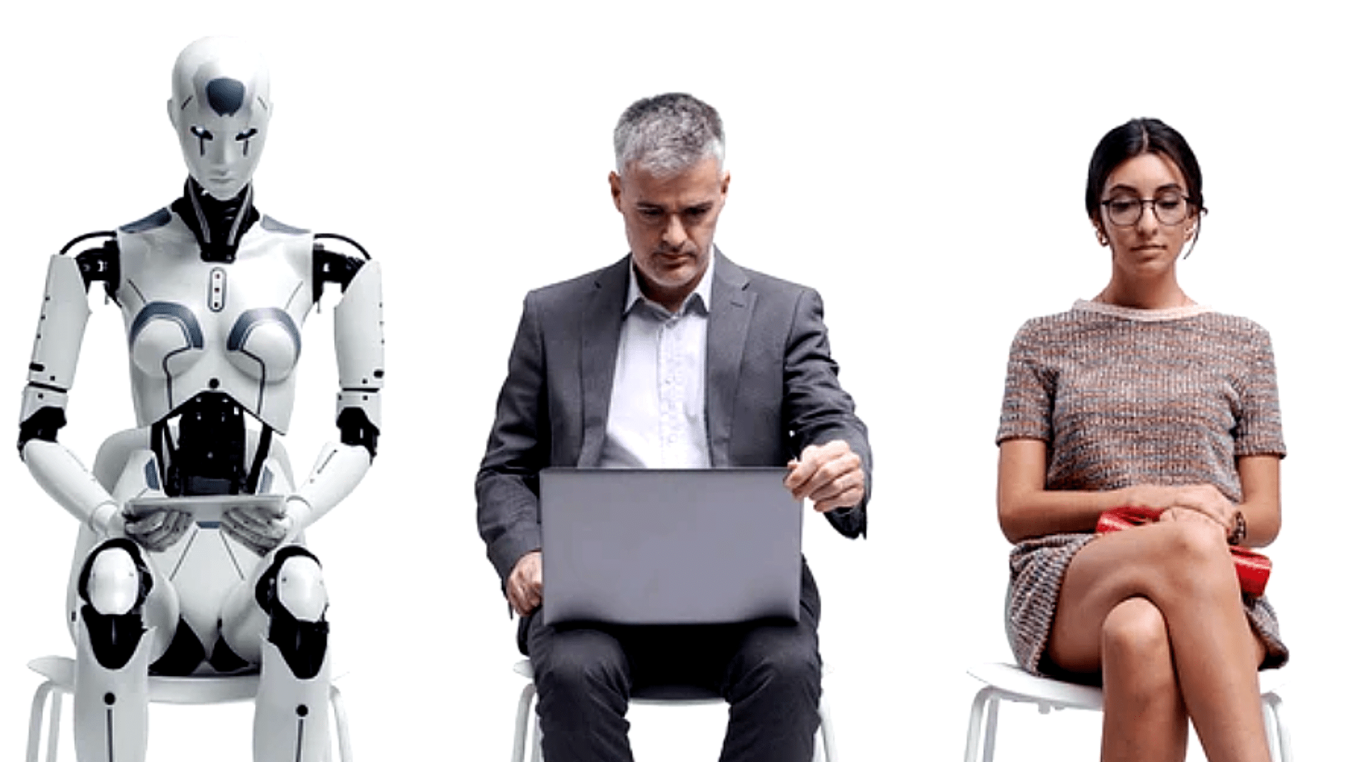 Humanoid robot, man with laptop, and woman seated side by side against white background.