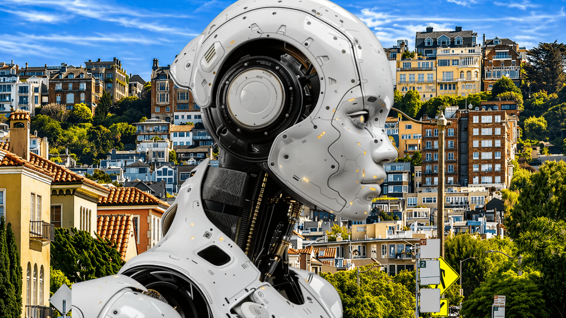 Futuristic humanoid robot profile set against hillside residential neighborhood.