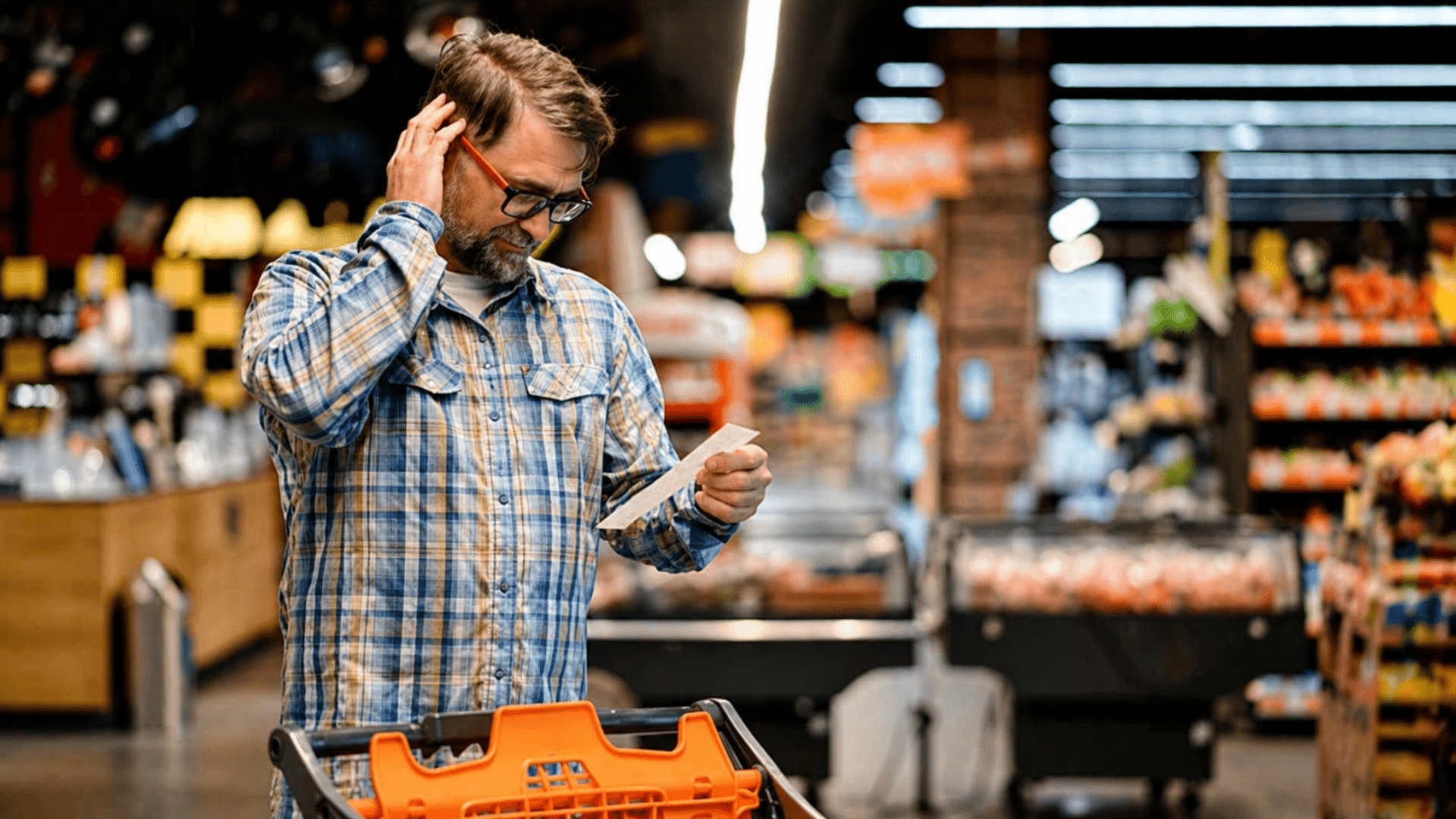 Man in a grocery store checks a receipt while standing with a shopping cart in an aisle.