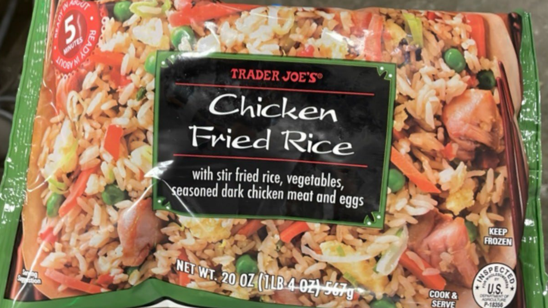 A bag of frozen chicken fried rice from Trader Joe's.