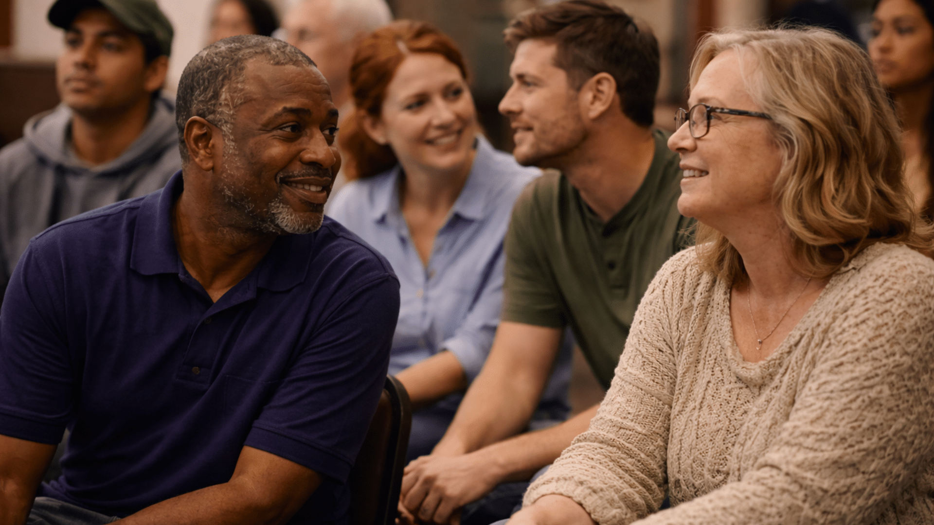 A group of middle age people talking about things in a random place.