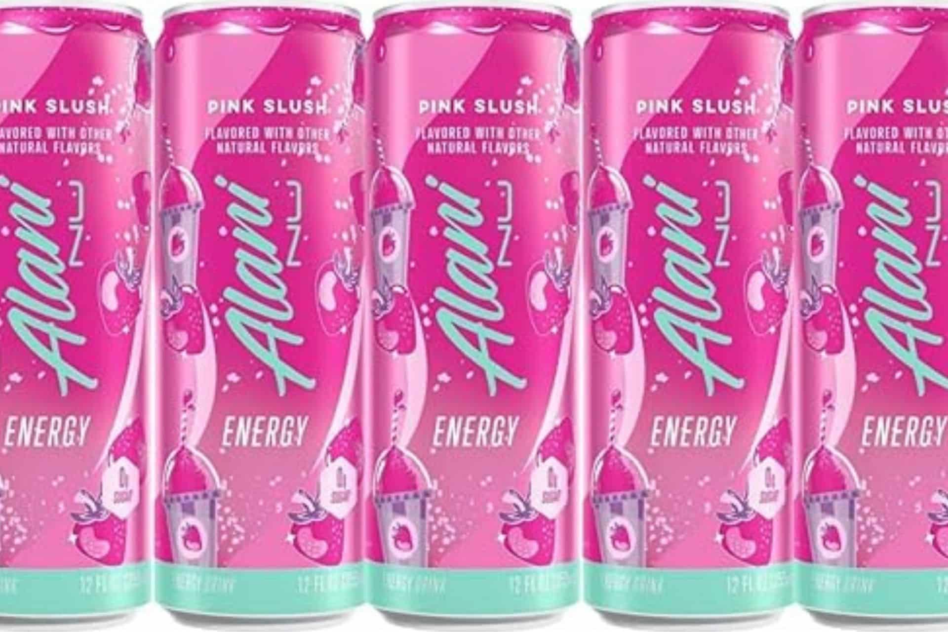 Rows of Alani Nu Pink Slush energy drink cans displayed side by side.