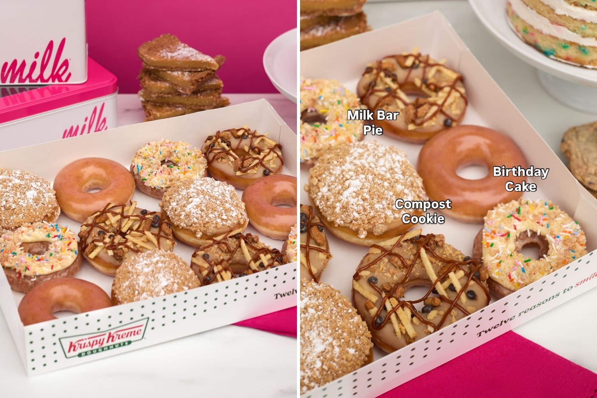 Krispy Kreme doughnuts assortment featuring the new flavors Milk Bar Pie, Compost Cookie, and Birthday Cake in box.