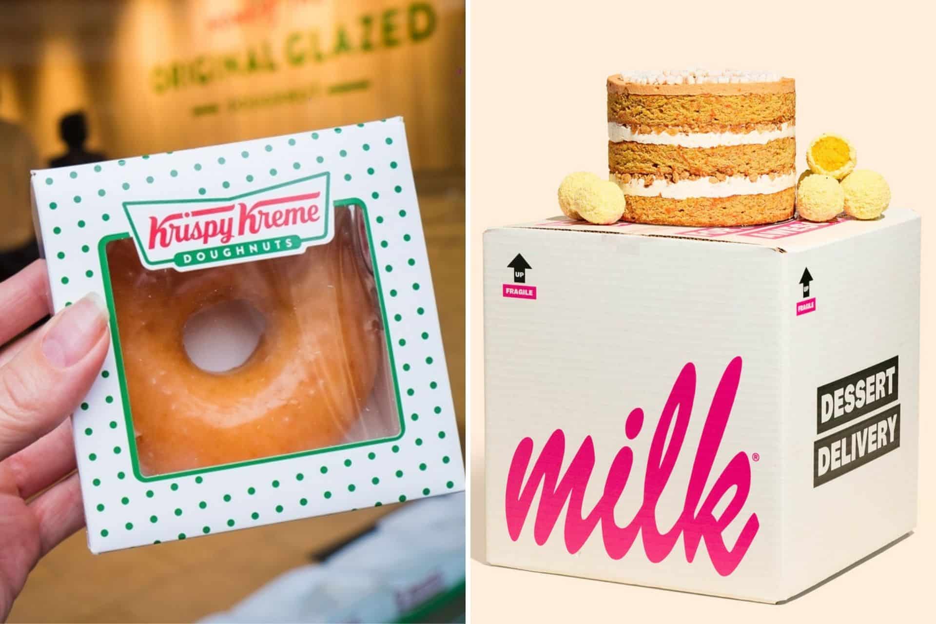 Split image showing Krispy Kreme glazed doughnut in box and Milk Bar layer cake on branded delivery box.