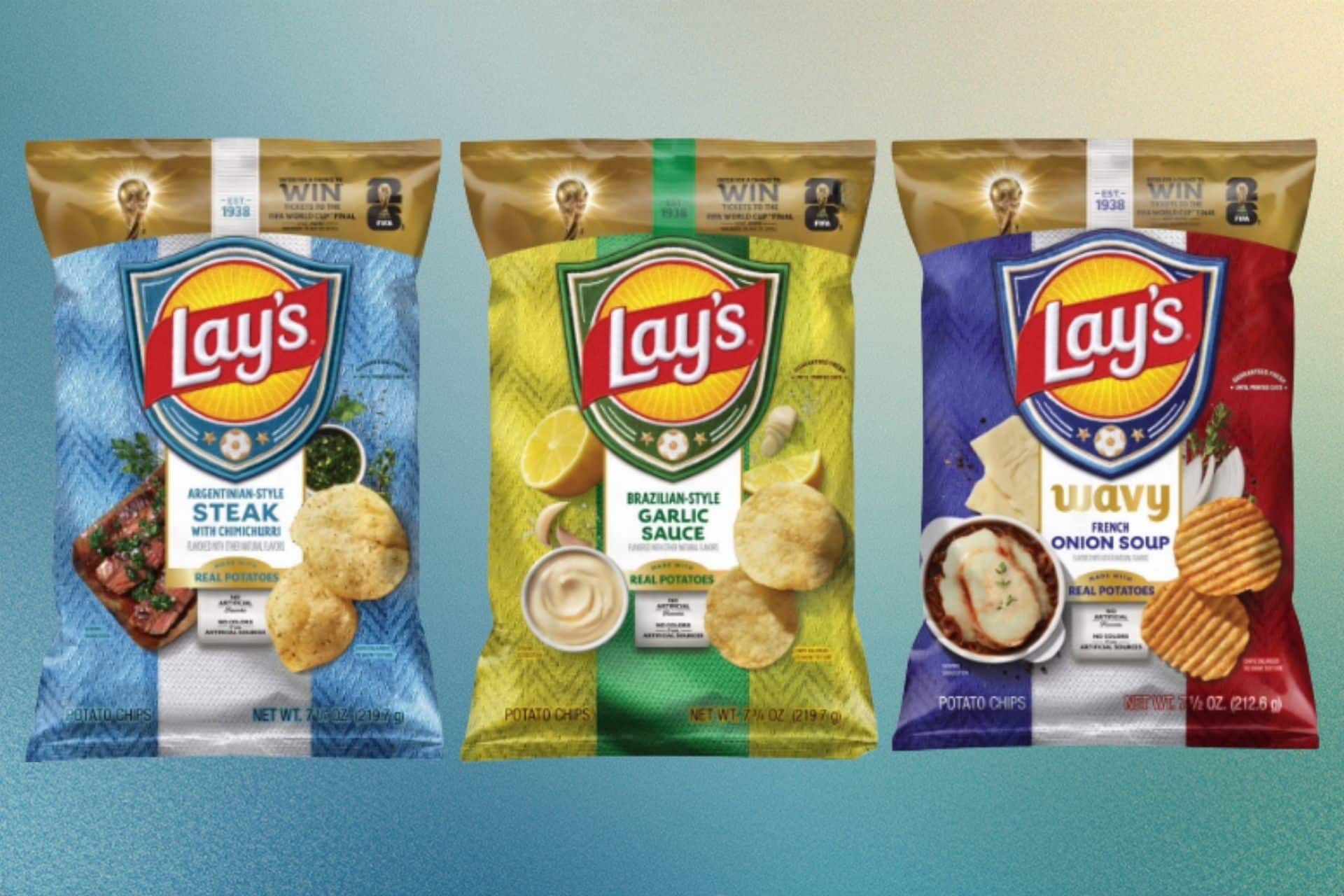 Three Lay’s potato chip bags featuring World Cup-themed packaging inspired by international flavors.