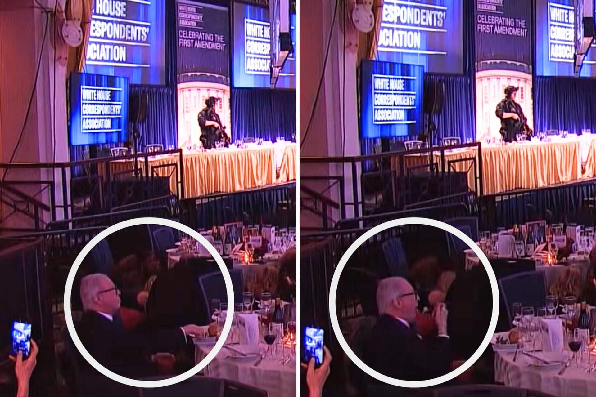Blantz, circled, seen eating his salad while chaos erupts at the White House Correspondent's dinner.