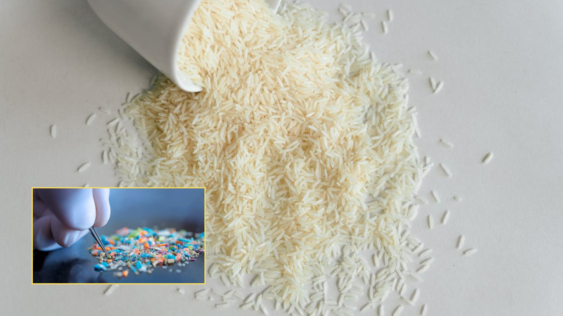 A pile of white rice spills from a cup onto a surface. The inset shows a hand holding tweezers picking up tiny, colorful plastic pieces.