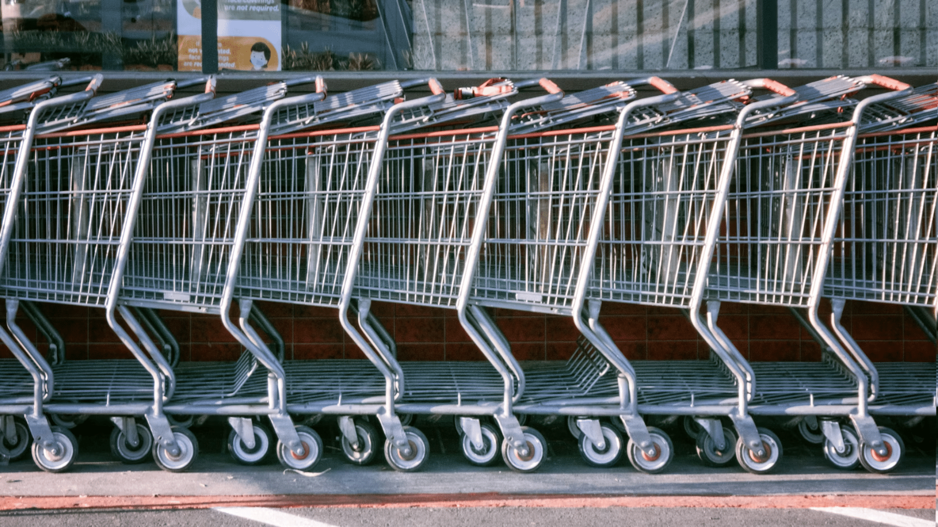 A long row of nested metal shopping carts lined up outside a grocery store in a parking area.